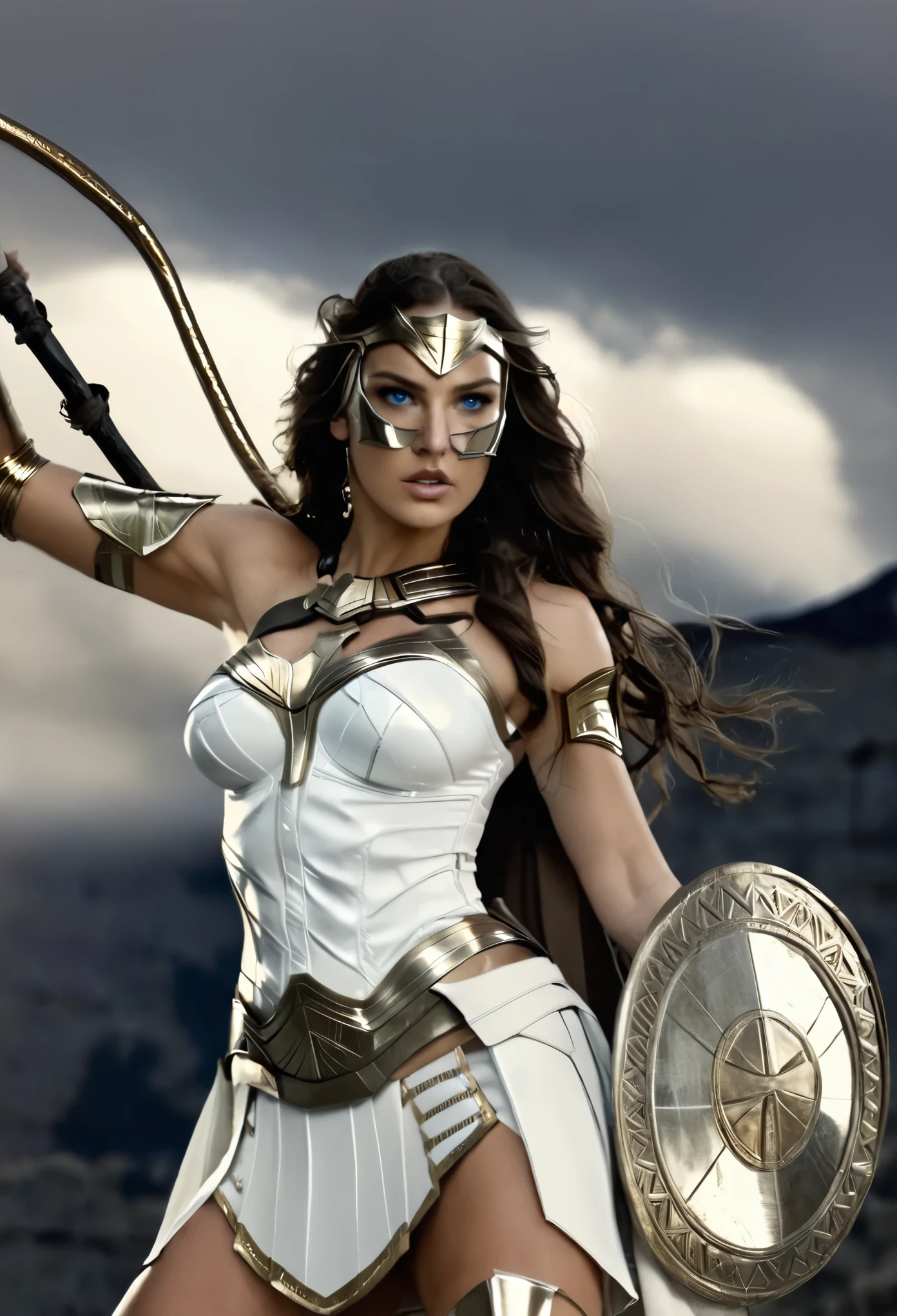  sexy Greek warrior female superhero who is a demigoddess , blue eyes and long dark brown hair . She wears a white and gold outfit , she has bracelets that are gold, and has long white boots with a golden outline . she holds a long spear and a shield, she also wears a golden stash around her waist) 