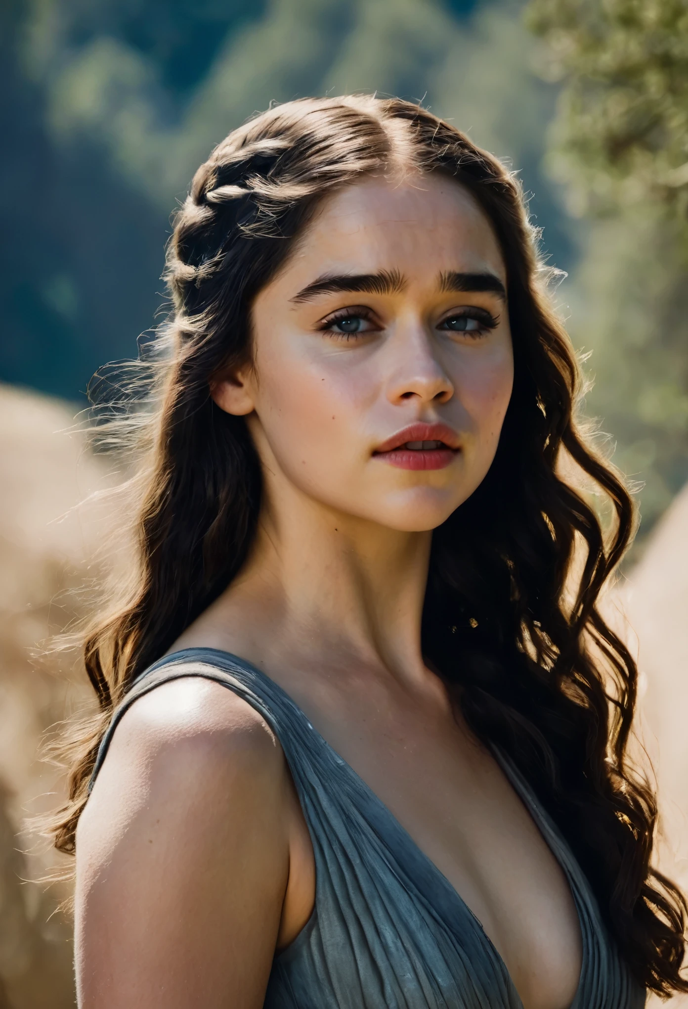 Daenerys Targaryen played by Emilia Clarke, Daenerys Targaryen, Queen Daenerys Targaryen, An amazing portrait of a beautiful young brunette woman Queen in dark dress,admirable, adorable, alluring, angelic, appealing, beauteous, bewitching, captivating, fluffy hair, mediaeval ponytail, great facial feature, perfect eyes, ultra realistic eyes, perfect face, perfect body, cinematic, color analog film photo, realistic hair, ((Perfect Face)), ((Sexy Face)), medium shot of a sexy beautiful girl, Photograph, photorealistic, neutral Pose, ((cute)), (Looking at Viewer), artgerm, cinematic lighting, very high detailed, foggy background, shot on Fujifilm Superia 400, Short Light, 32k, cinematic composition, professional color grading, film grain, atmosphere, wondrous, faded film, desaturated, 35mm photo, grainy, vignette, vintage, Kodachrome, Lomography, stained, highly detailed, found footage , film grain, photography, photoshoot, cinematic lighting, volumetric lighting, insanely detailed, hot, sexy, very seductive, super model, ((sfw)), ((looking at viewer)), ((facing forward)), ((emilia clarke)), solo, one person, ((facing Camera)), ((head on)), ((hair out of face)), ((head shot)), ((standing straight)),((neutral pose)), ((pov)), ((mug shot)), ((head shot)), ((full face portrait)), zeiss portrait, leica portrait