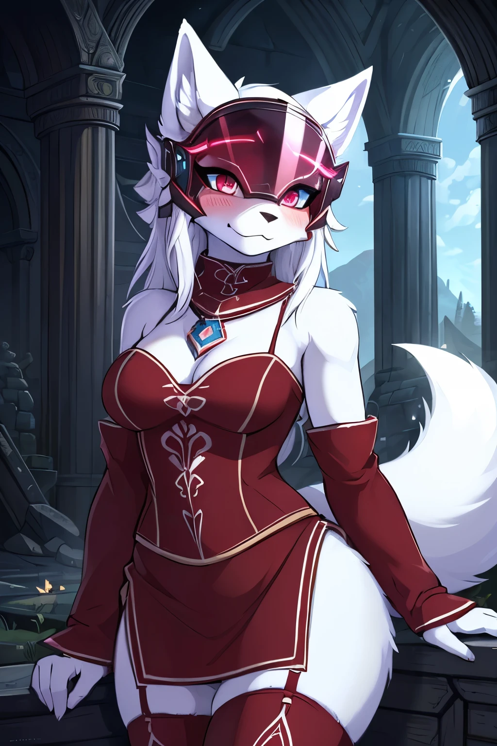 ((best quality, masterpiece, perfect anatomy, detailed picture)), 1female, arctic protogen, arctic fox, long visor, blue visor, ruby eyes, sexy body, Nightingale outfit, (Skyrim), legwear, fluffy tail, red blushing, shy, in the ruins, portrait, illustration