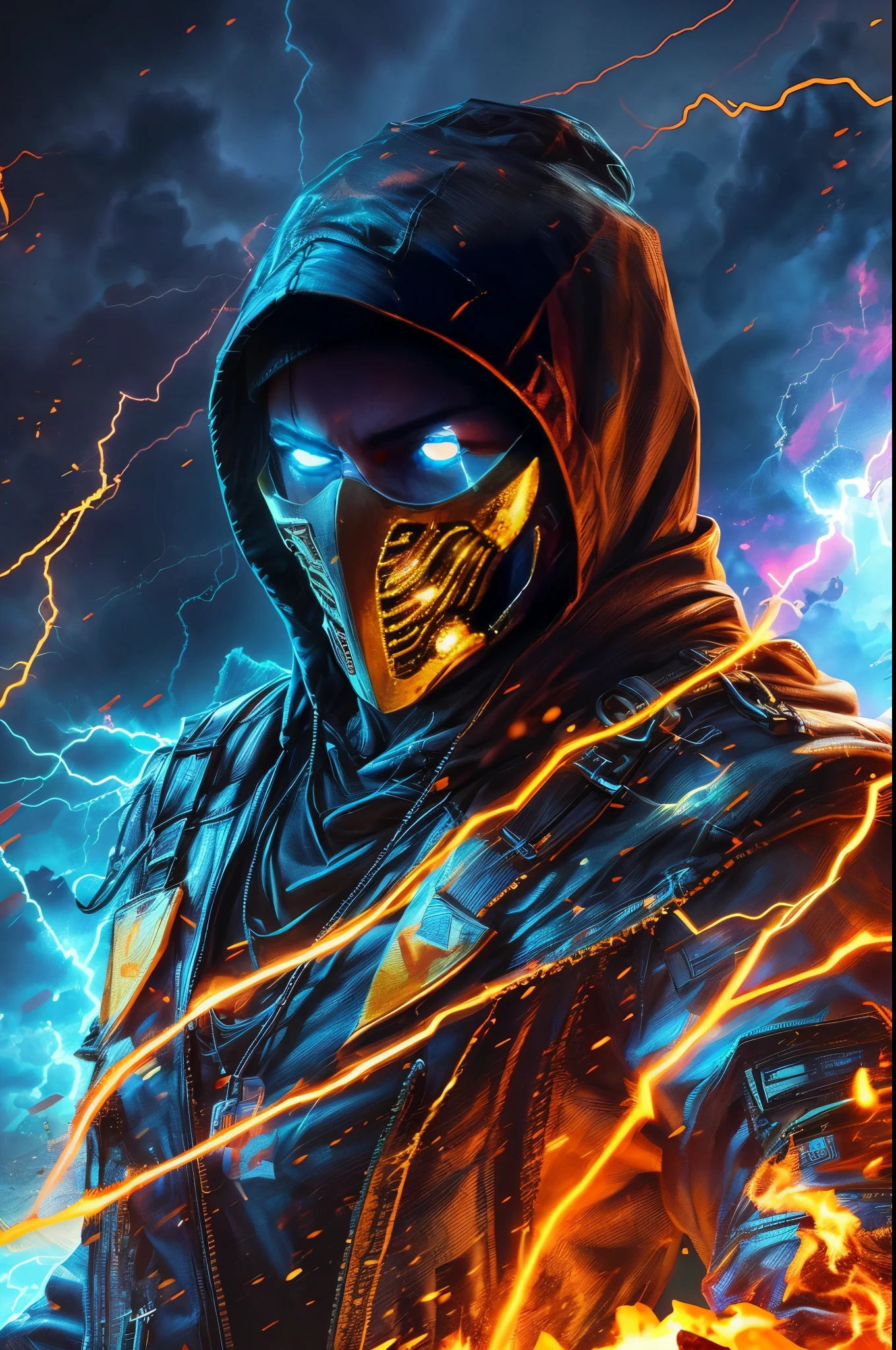 a close up of a person in a hoodie with lightning, hq 4k phone wallpaper, hq 4k wallpaper, dan mumford. 8 k octane render, 4k detailed digital art, wallpaper 4 k, wallpaper 4k, dan mumford. octane render, 8k hd wallpaper digital art, vibrant fan art, badass anime 8 k, trending on artstation 4k