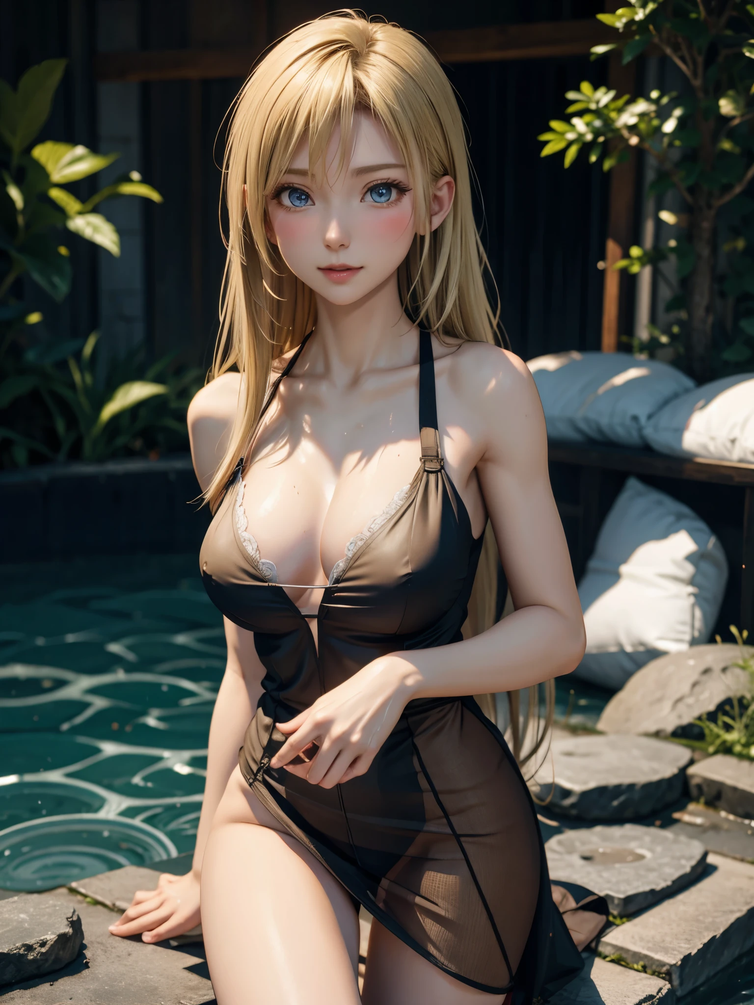 (masterpiece), (best quality), (detailed), light layer, 1 solo girl, young girl in the forest, Sexy sheer colonial dress, Perfect body, blonde hair, clear , Well-defined clavicle, Surreal, lifelike, detailed, perky transparent nipples, wet clothes,
