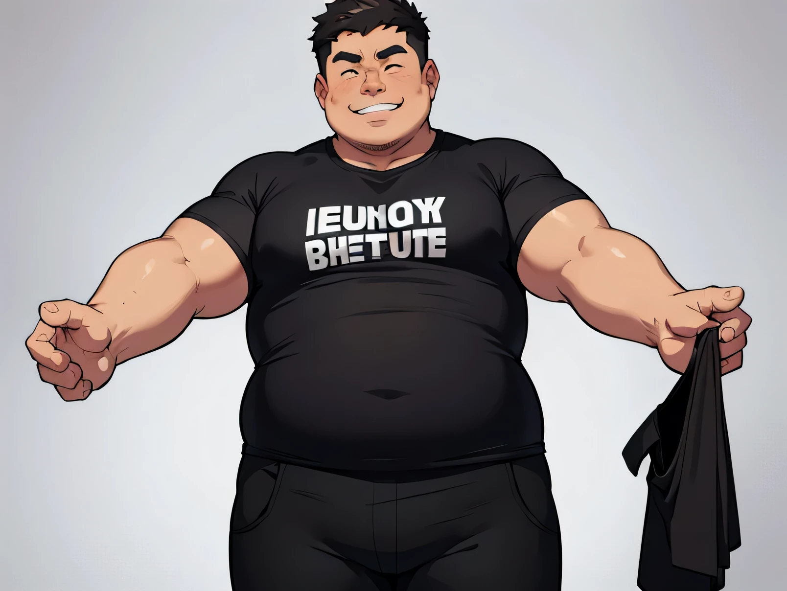 humble uncle,1 person,obesity,Smile,squinting,Black T-shirt,black pants,front,stand,whole body,black shoes,blank background