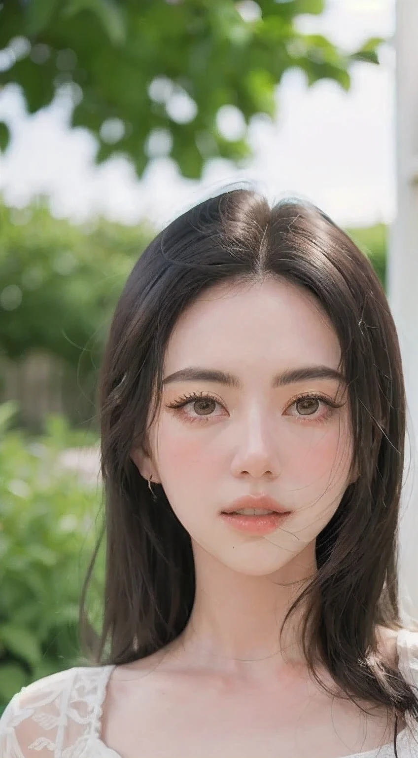 1girl, medium hair, t shirt, close mouth, hair between eyes,  solo, upper body, Mai Davika Hoorne, garden background