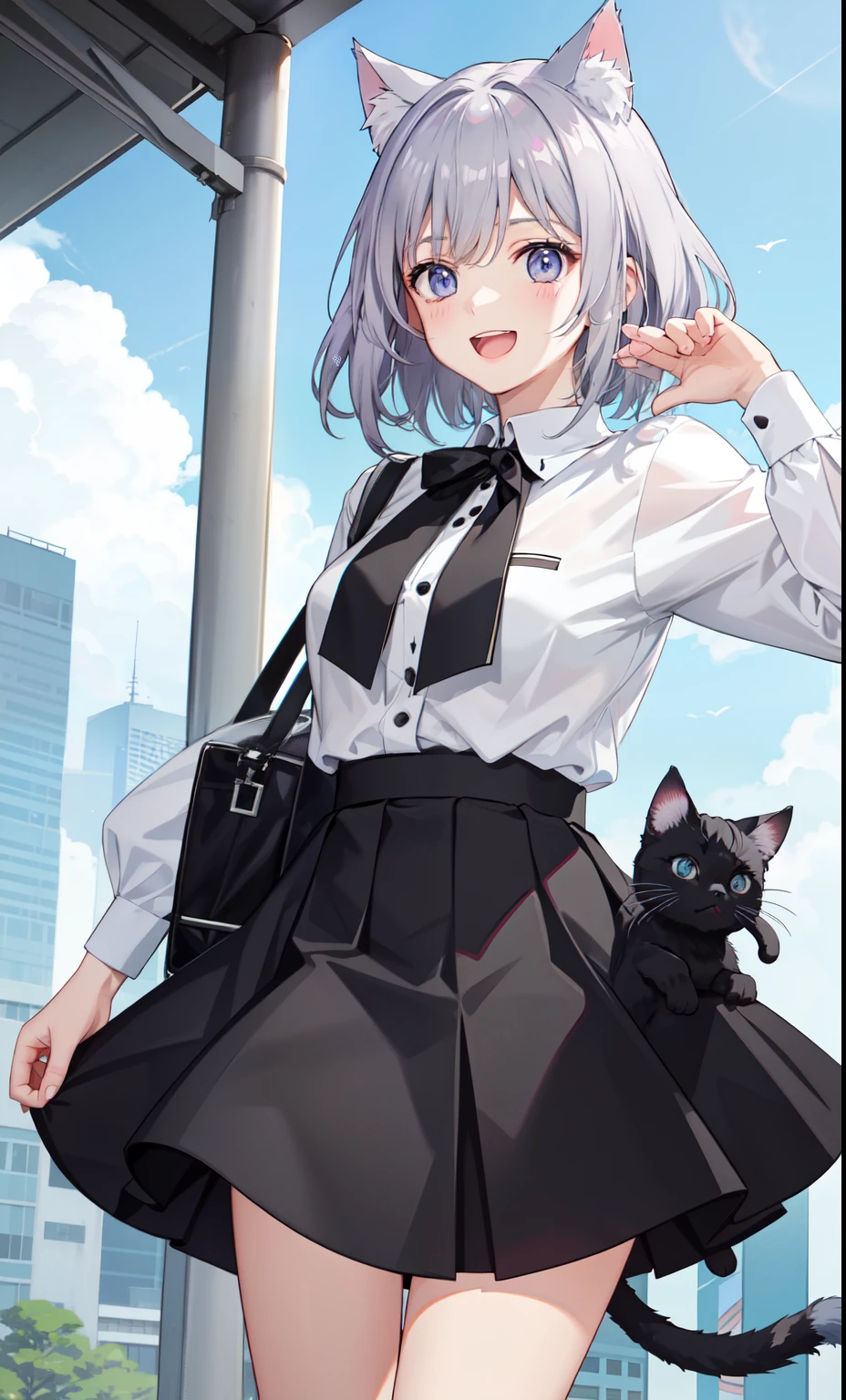 1 girl、laughter、shirt、blouse、skirt、()I play、movement、(gray hair)、Cat ear、