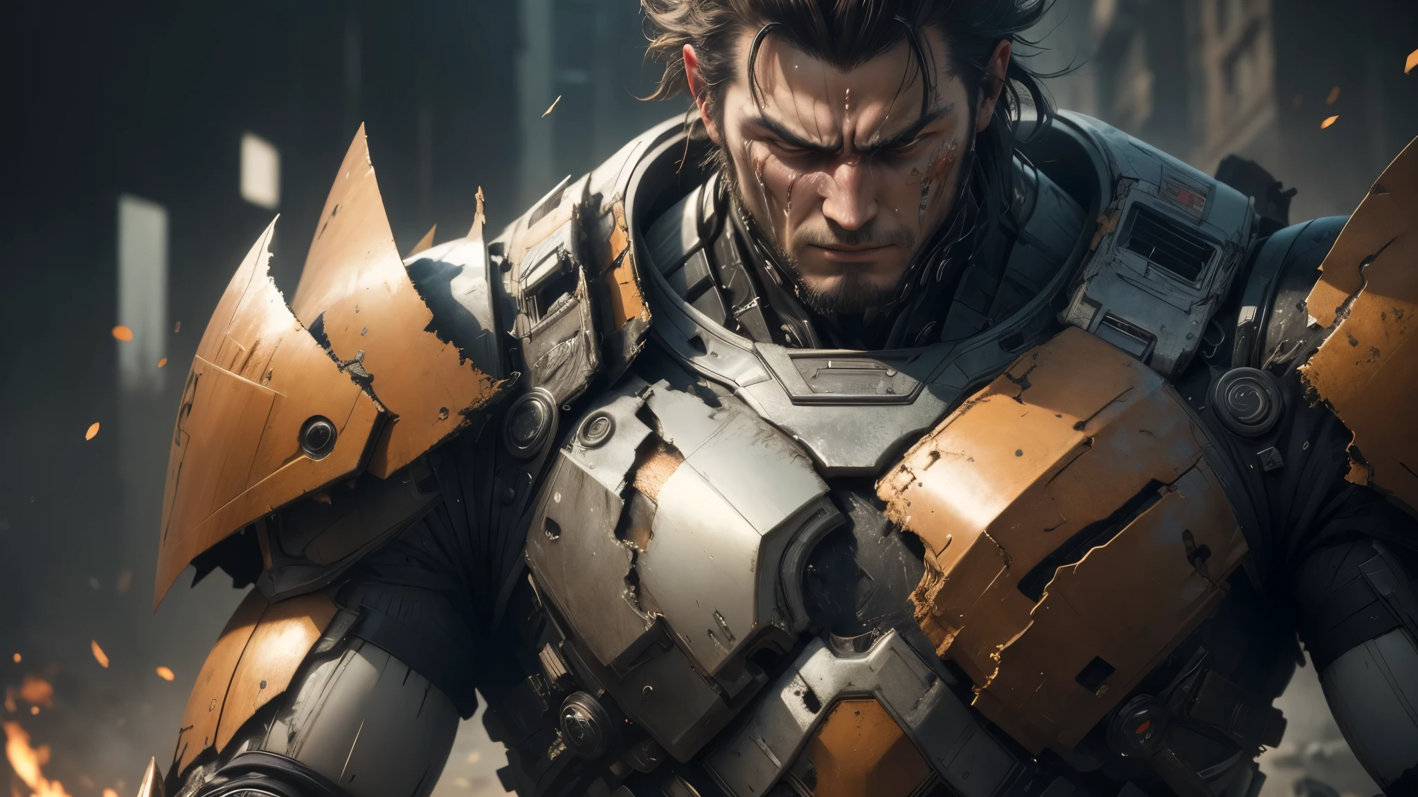 good quality, ultra high resolution，masterpiece, 8K，（reality，detail）A man wearing broken tech armor，hurt，Future Warrior，