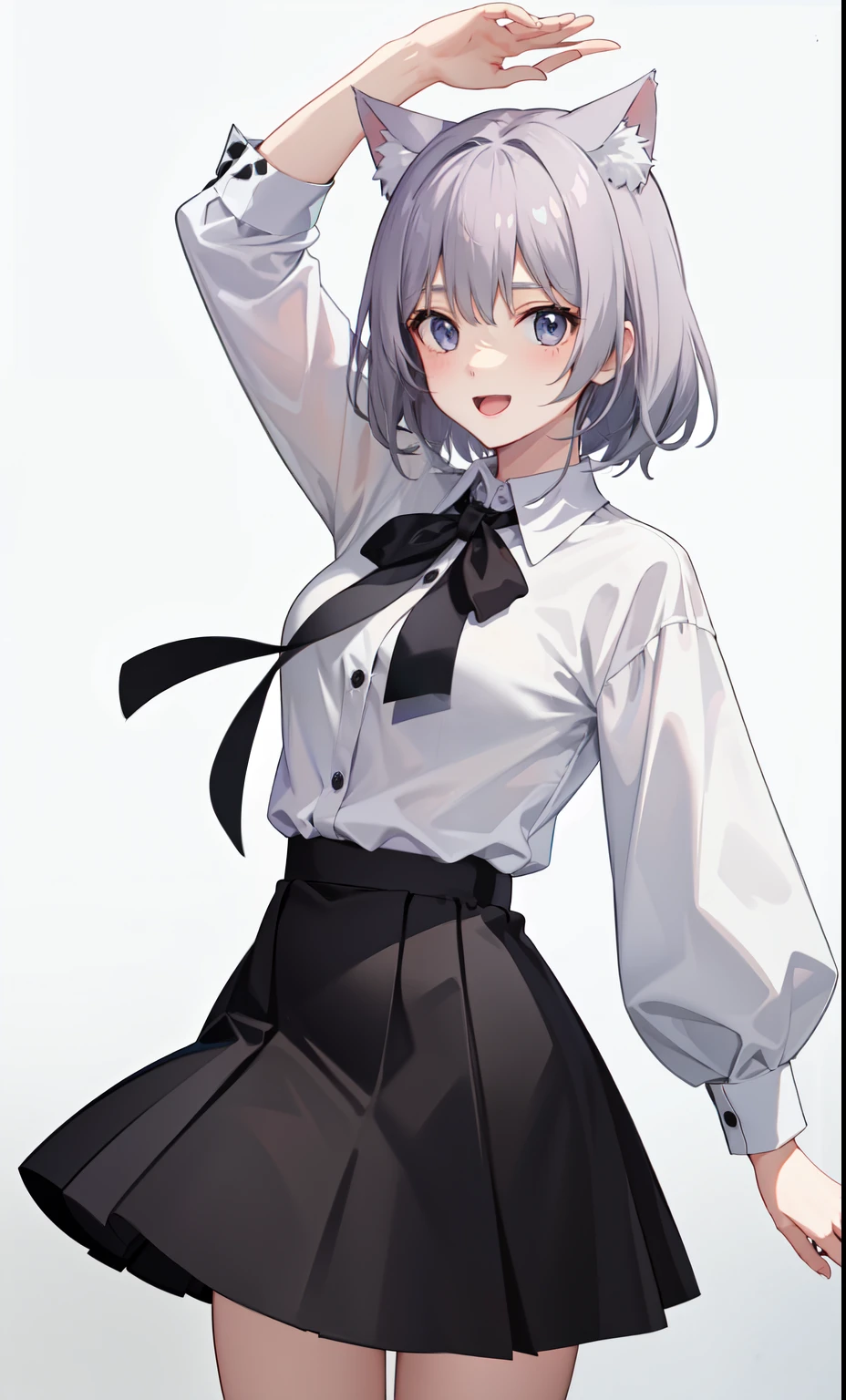 1 girl、laughter、shirt、blouse、skirt、（）I play、movement、（gray hair）、Cat ear、