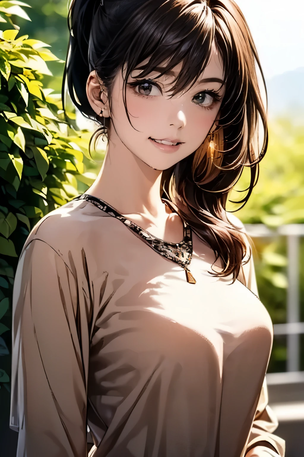 (masterpiece:1.2, highest quality), (woman１name:1.6)(realistic, photorealistic:1.4), beautiful illustrations, (natural side lighting, movie lighting), 
looking at the viewer, face focus, Upper body, woman1name, Japanese, perfect face, perfect body, Cute symmetrical face, shiny skin, , medium breasts:1.4
((high ponytail:1.4, light brown hair, long hair)), hair between eyes, emerald green eyes, seductive thighs, thin, 
beautiful hair, beautiful face, thin and beautiful eyes, beautiful clavicle, beautiful body, beautiful breasts, beautiful thighs, beautiful feet, beautiful fingers, 
((casual clothes:1.7 )), 
(beautiful scenery, evening, garden, cute smile),