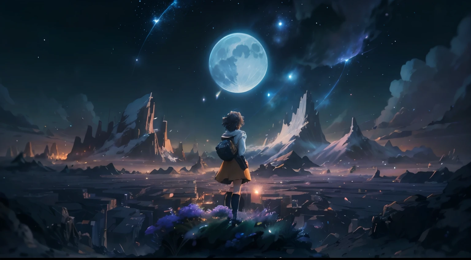 Anime girl looking at the stars in the sky, anime art wallpaper 4k, anime art wallpaper 4k, anime art wallpaper 8k, makoto shinkai cyril rolando, 4K high-definition digital art, anime fantasy artwork, 4k anime wallpaper, anime fantasy illustration, anime wallpaper 4k, anime wallpaper 4k, moonlight starry environment, beautiful anime artwork