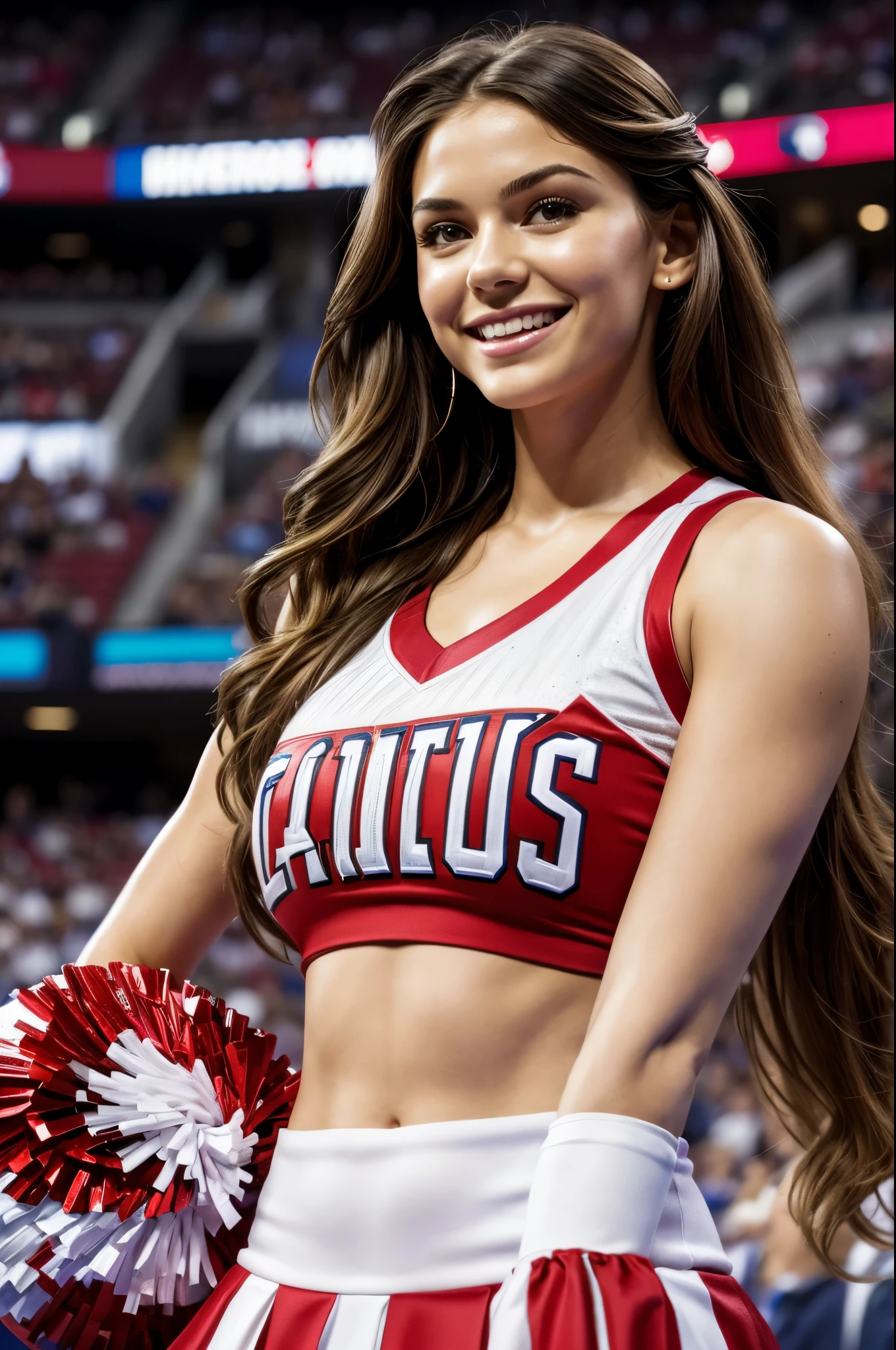 A playful cheerleader, her bright eyes sparkling with mischief as she leads the crowd in a spirited chant, her energetic movements and infectious smile captivating the audience.