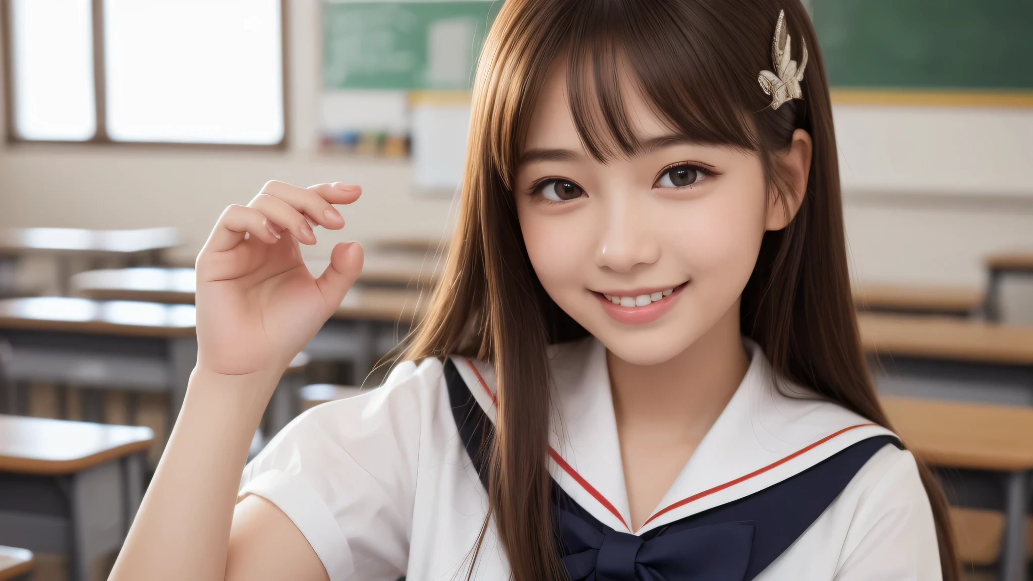 (1 girl), 18-year-old, (big round eyes), (cute dimples), enchanting smile, (sailor suit:1.2), (highest quality: 1.4), (Super detailed), (highest quality:1.4), (Super detailed), evening, very high resolution, (Upper body), close up face, (School, classroom), School anime, anime illustration,