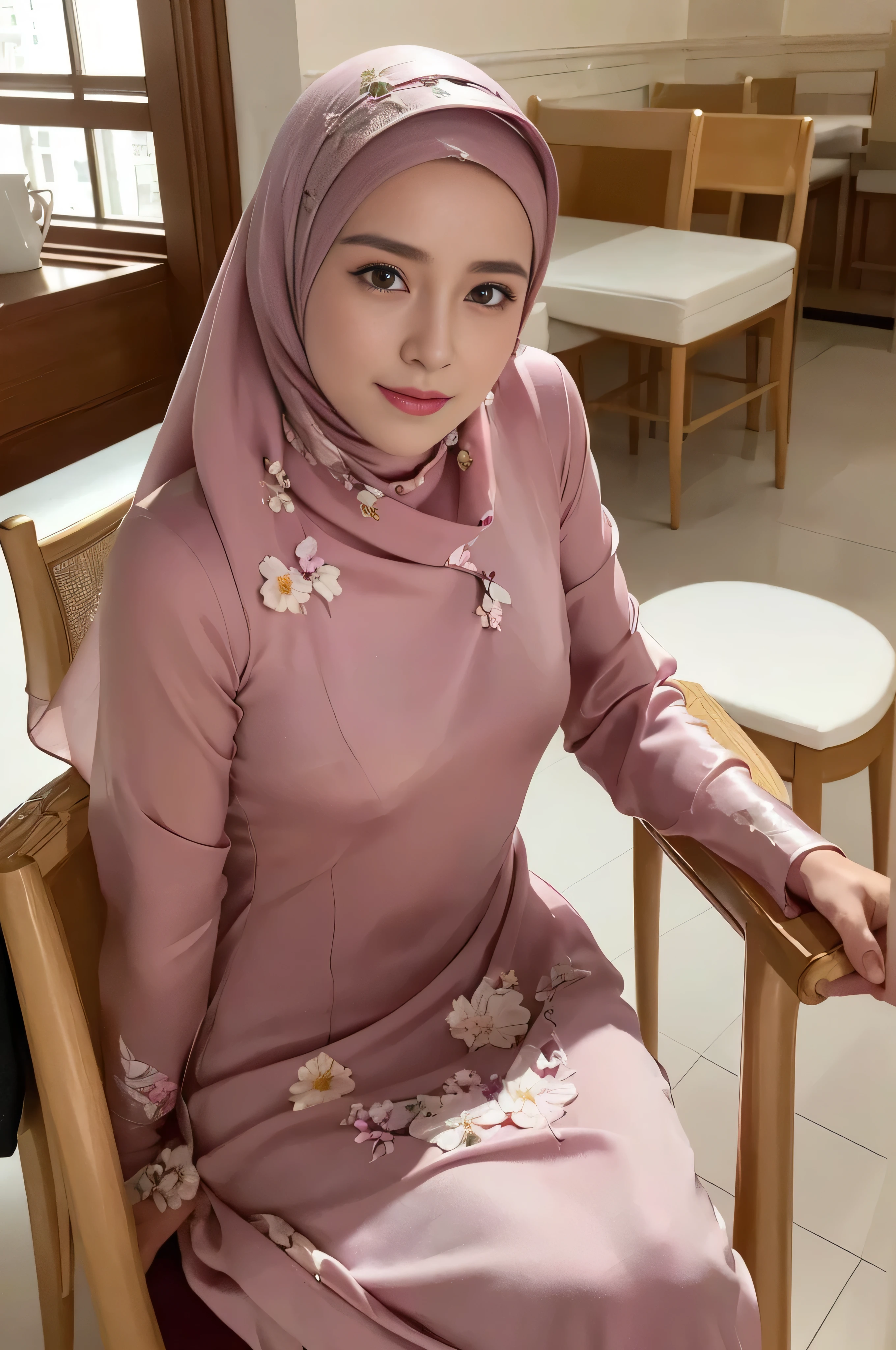 Best quality, masterpiece, realistic photos, intricate details, original photos, wearing traditional baju kurung, ultra-detailed, detailed faces, detailed skins, trends on artstation, 8k masterpieces, cinematic lighting, ((1girl)), ((solo)), rounded breast, slim fit body, long hijab, eid mubarak in malay village, half body