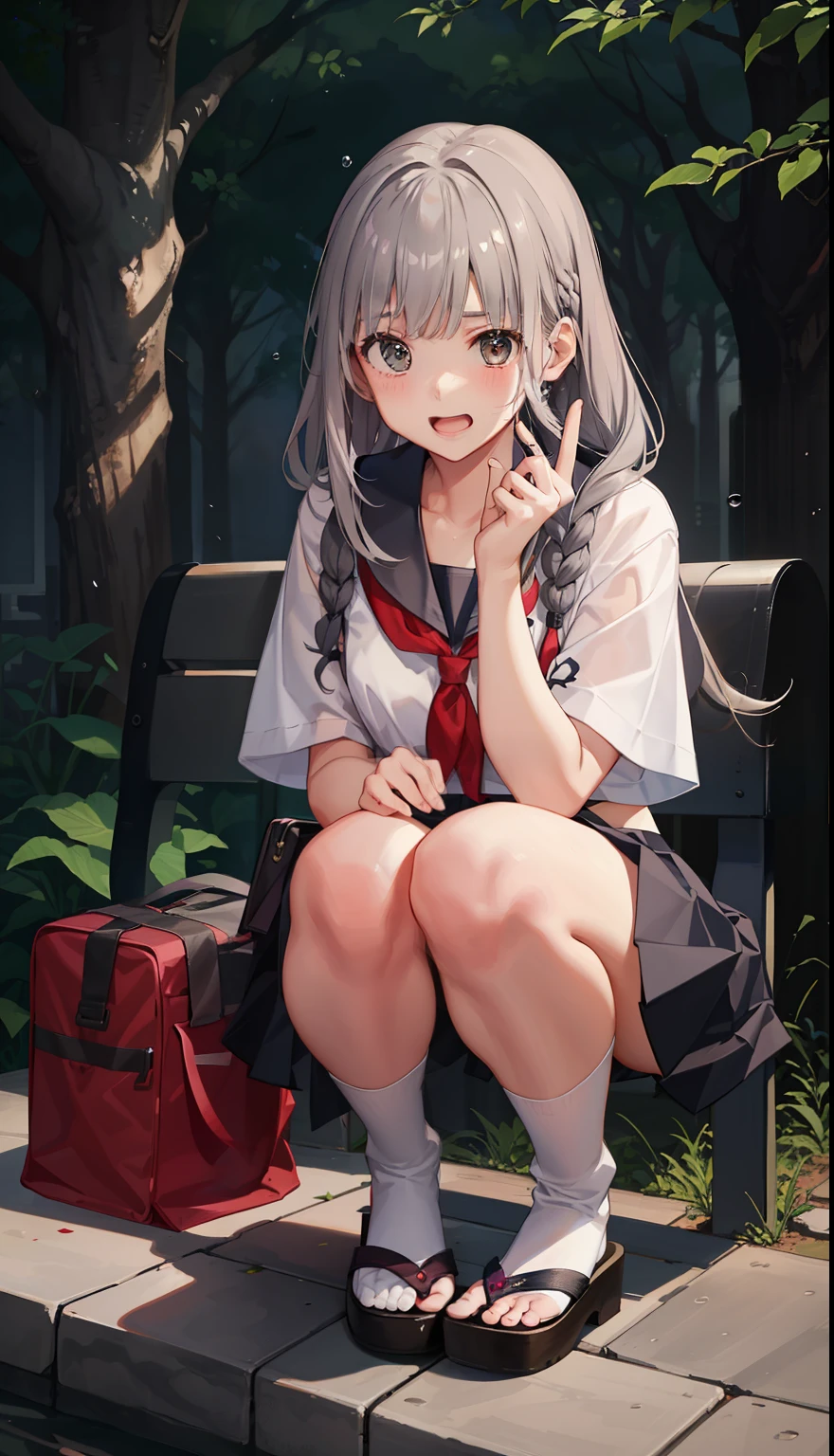 1 girl、laughter、shirt、skirt、（small breasts）、i play、Japanese high 、serafuku、summer clothes、Squall drenched uniform、（Sheerbra）、upper body portrait、gray hair、squatting bench、