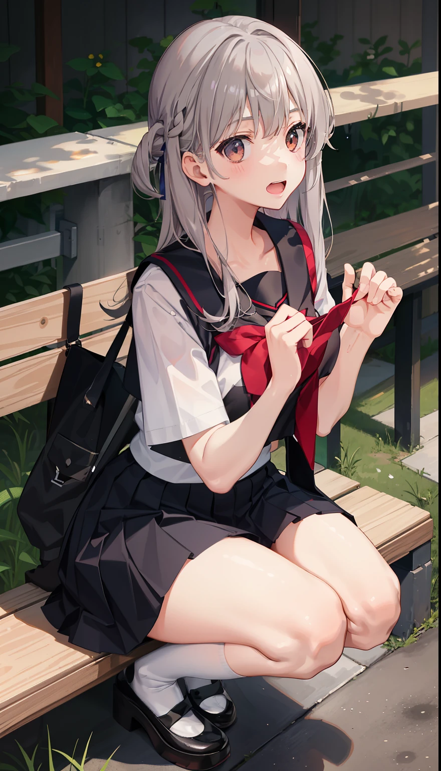 1 girl、laughter、shirt、skirt、（small breasts）、i play、Japanese high 、serafuku、summer clothes、Squall drenched uniform、（Sheerbra）、upper body portrait、gray hair、squatting bench、
