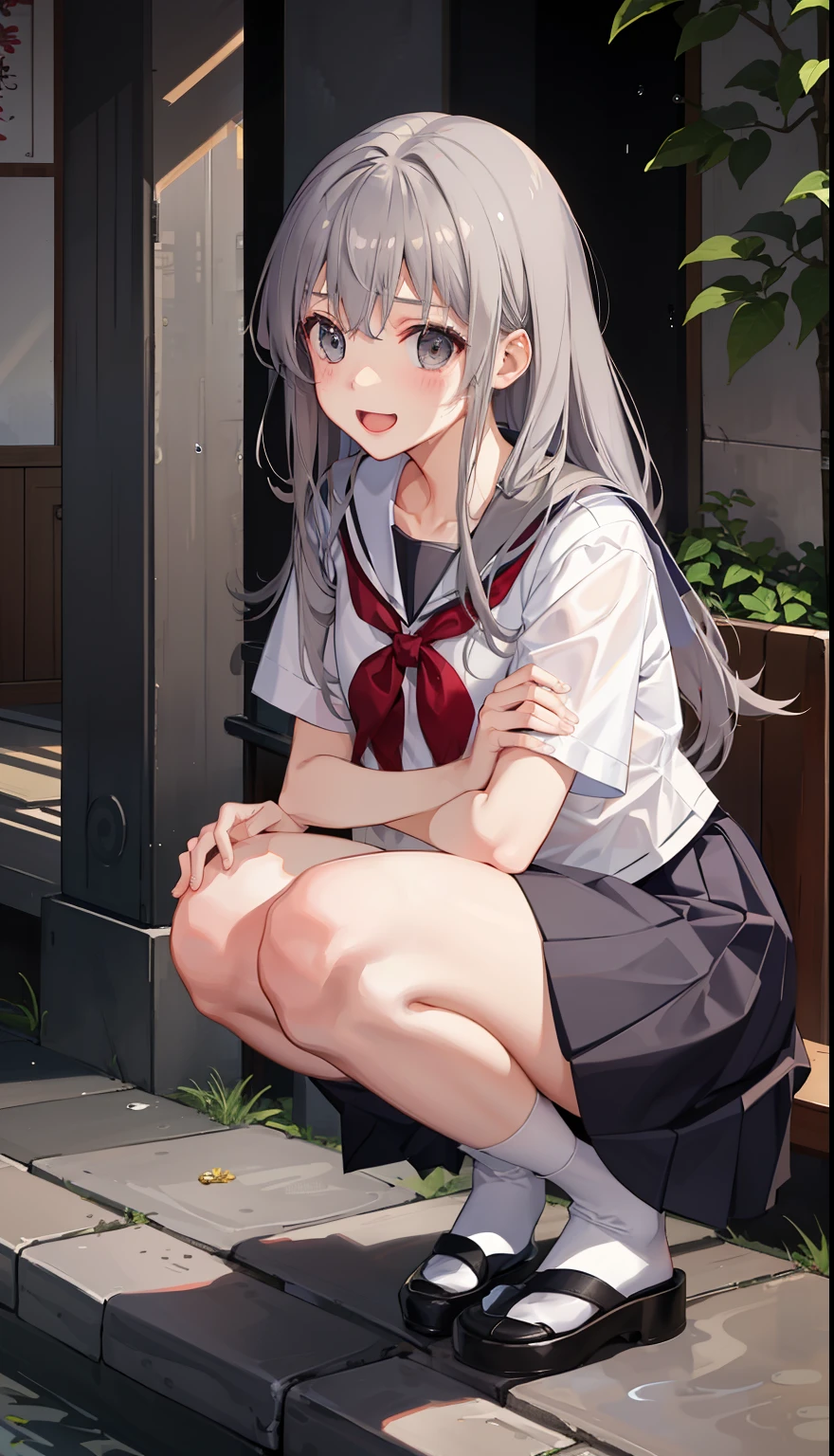 1 girl、laughter、shirt、skirt、（small breasts）、i play、Japanese high 、serafuku、summer clothes、Squall drenched uniform、（Sheerbra）、upper body portrait、gray hair、squatting bench、