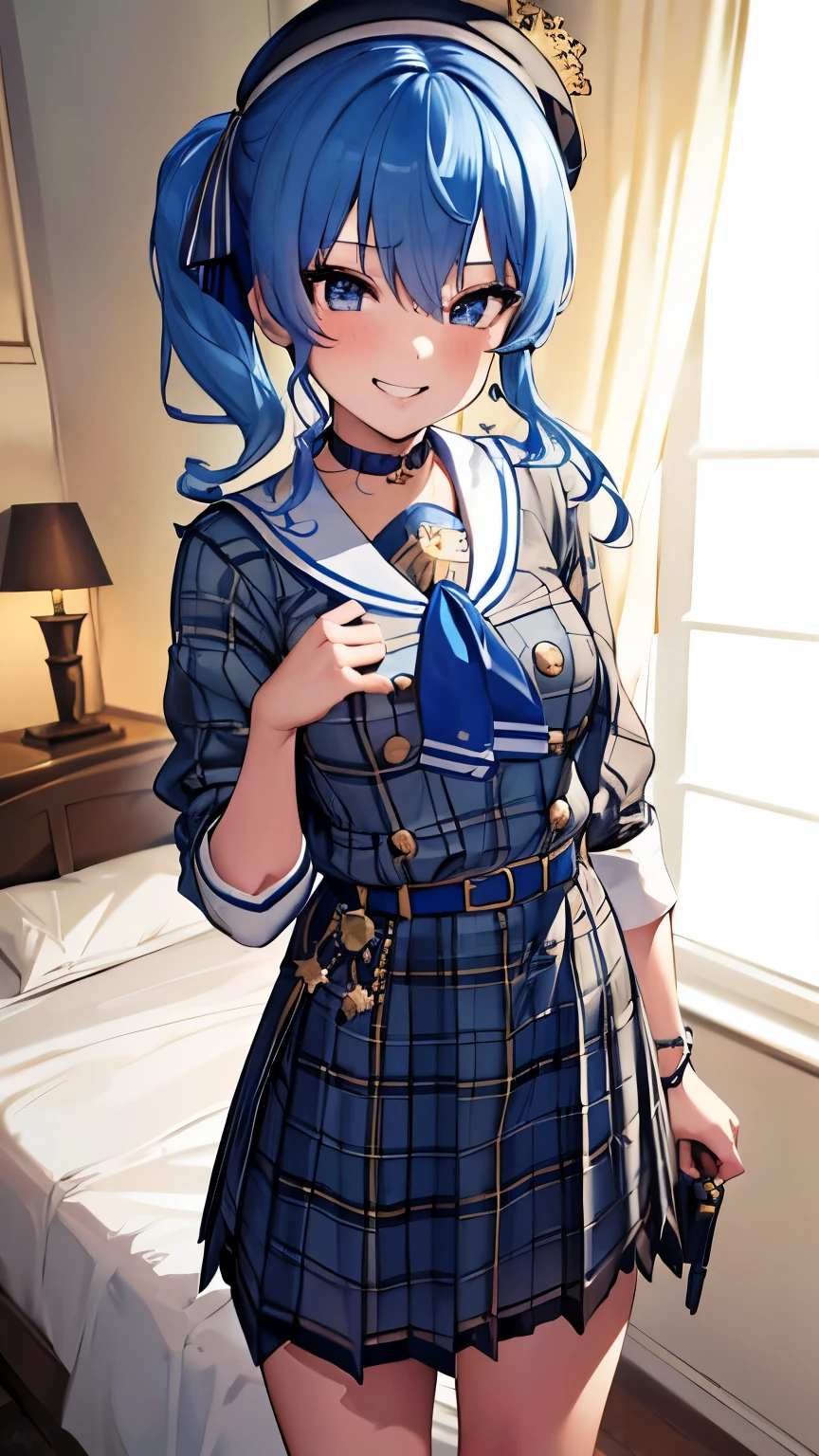 8K,highest quality,masterpiece, highest quality, High resolution, SUI1, 1 girl, alone, side ponytail, (( hoshimachi suisei)), small breasts,small nipples,she is sadistic、 ((charm))、Keep your lips open、 grinning smile、perfect proportions、((in her room))、(((she is standing))), （give  presentbox  to boy）,