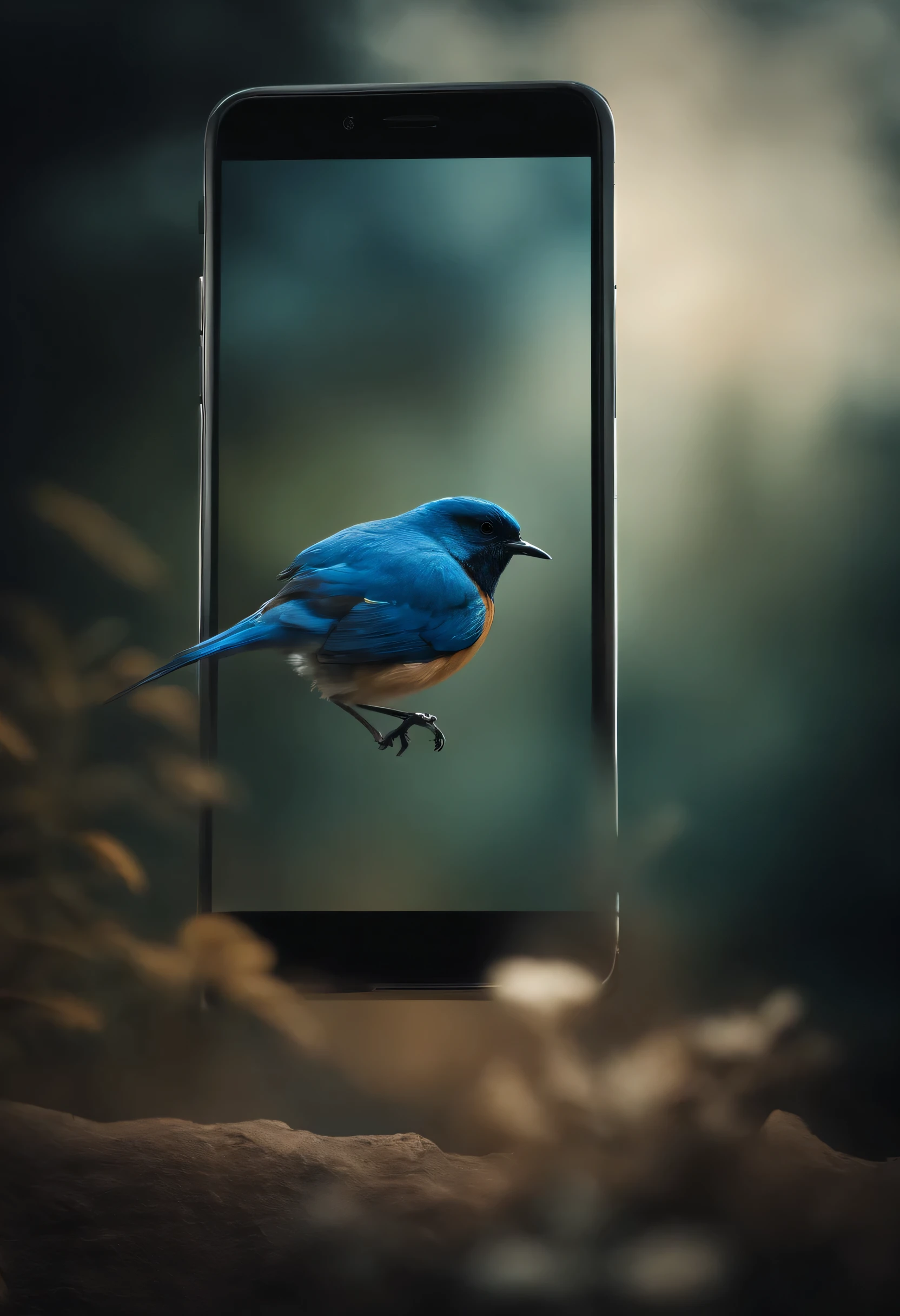 blue bird 、Jump off the screen、smartphone、real bird、fantasy