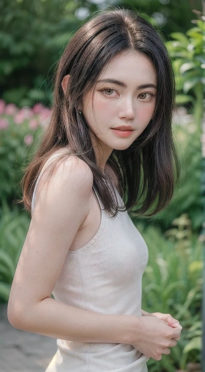 1girl, bangs, bare shoulders, black hair, blush, closed mouth, hair between eyes, long hair, looking at viewer, medium breasts, shirt, simple background, sleeveless, sleeveless shirt, solo, upper body, Mai Davika Hoorne, garden background