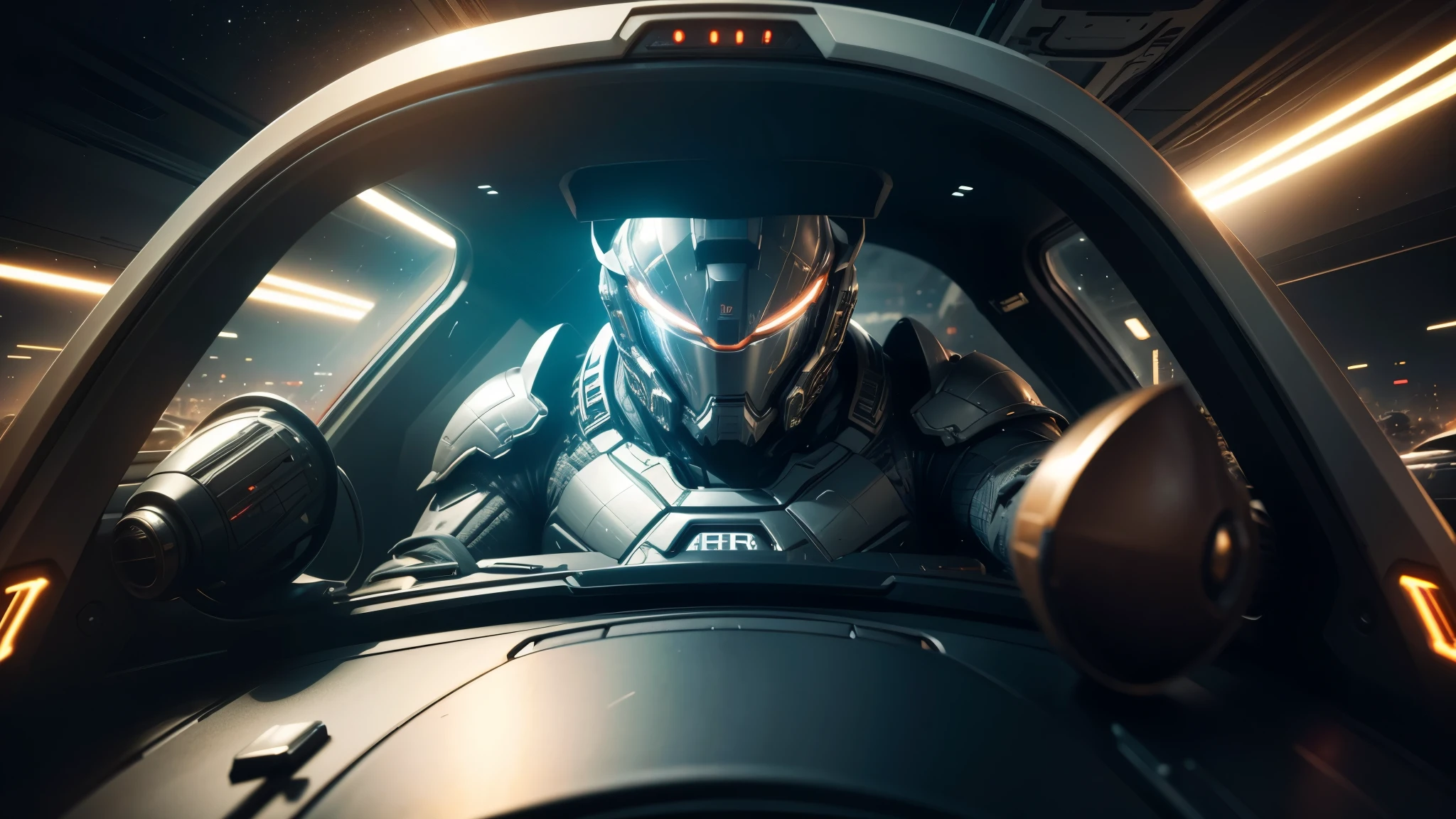 good quality, ultra high resolution，masterpiece, 8K，（reality，detail，close up）A man wearing technological armor，Future Warrior，driving a spaceship，