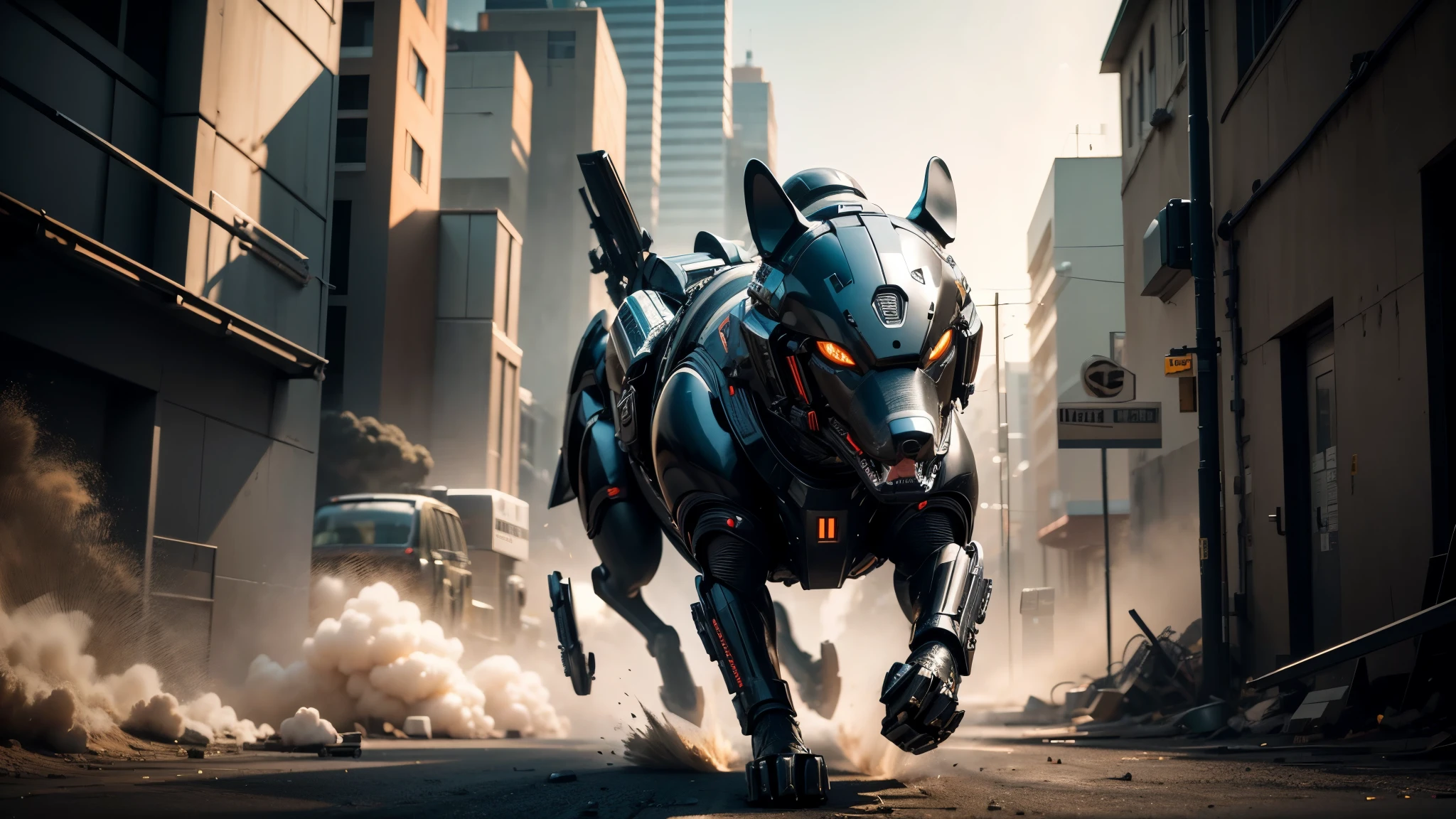 good quality, ultra high resolution，masterpiece, 8K，（reality，detail）One wearing a helmet，black mechanical dog，On the run，（From head to toe）