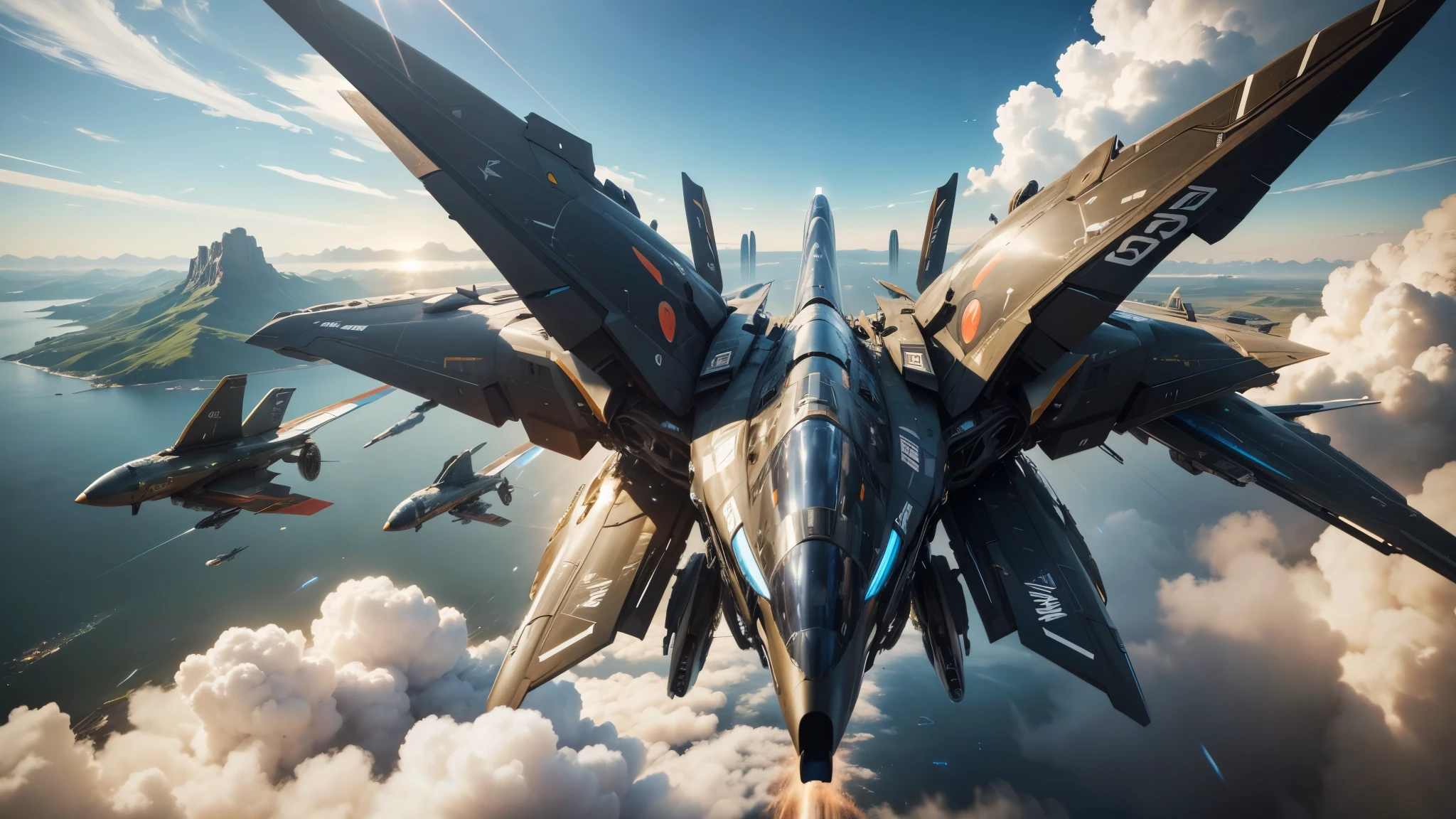 good quality, ultra high resolution,masterpiece, 8K,(reality,detail)A group of overall technological armors,Future aircraft,flying through the aierce battles