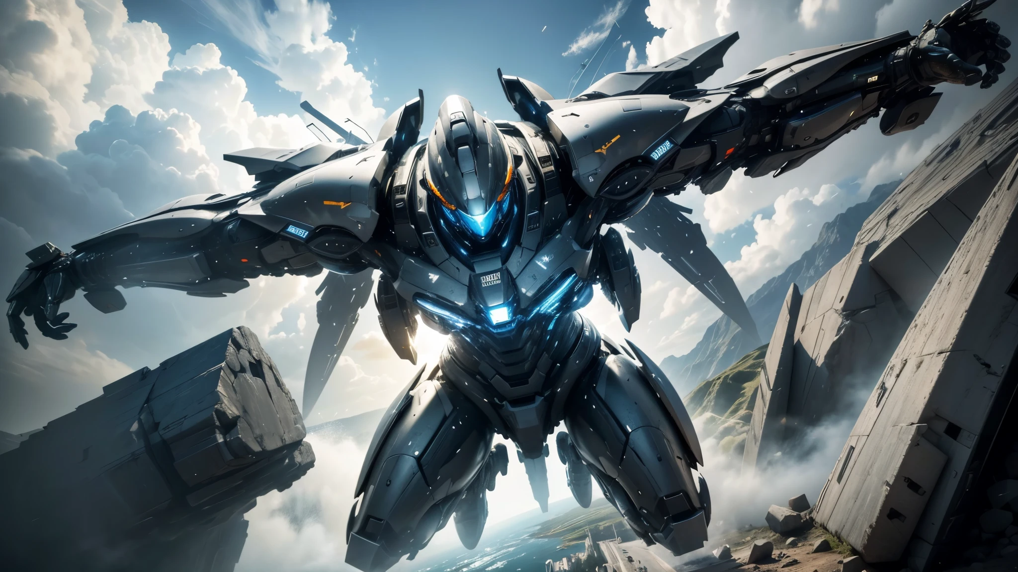 good quality, ultra high resolution，masterpiece, 8K，（reality，detail）A monolithic technological armor，Future fighter，flying through the air