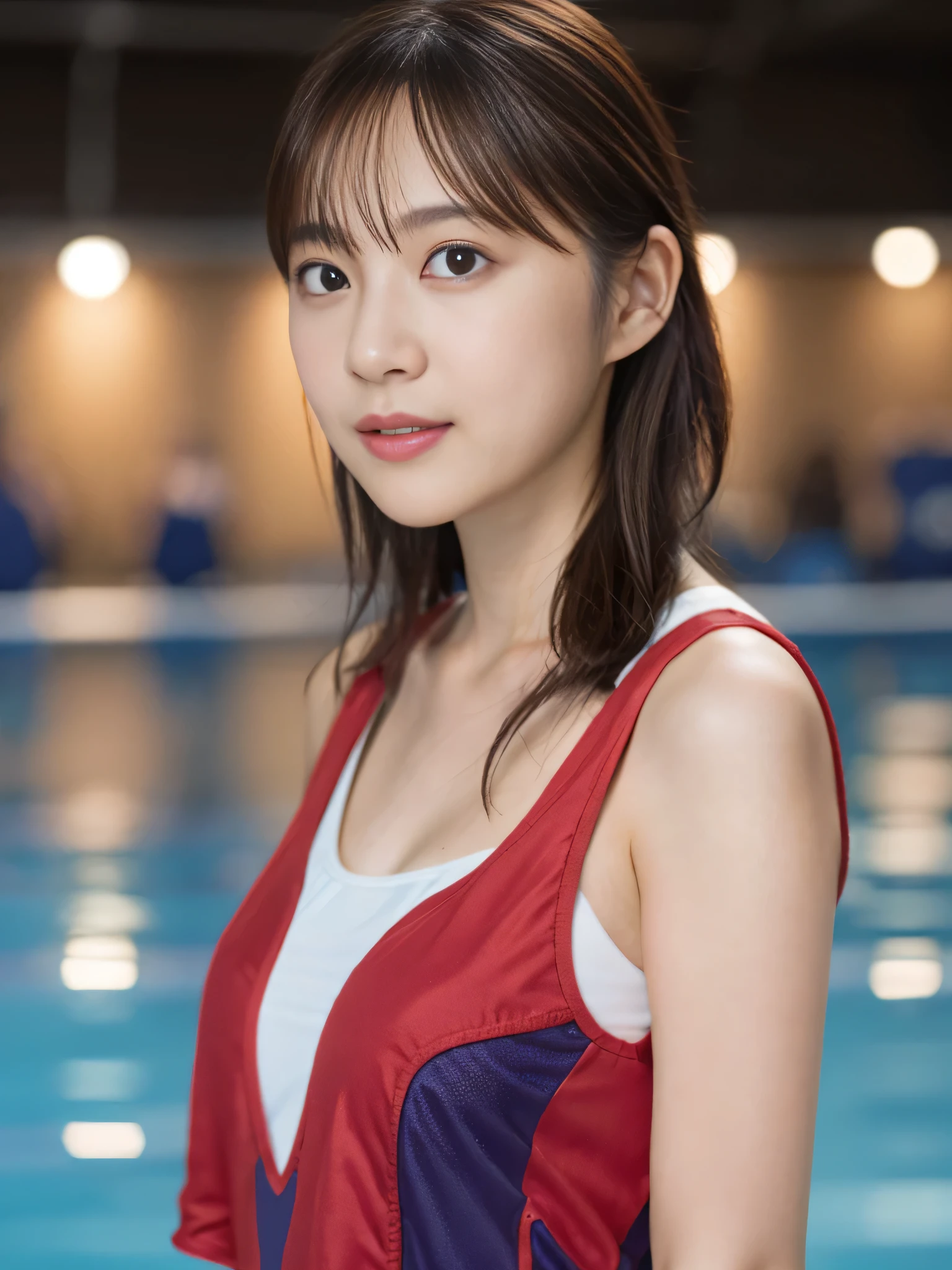 Highly detailed CG Unity 8K wallpaper, highest quality, Super detailed, masterpiece, realistic, photorealistic, Highly detailed cute girl, (25 years old), blush, round eyes, medium breasts, viewer, semi body shot, swimsuit, Swimming Venues , (crowd) , (shortcut)