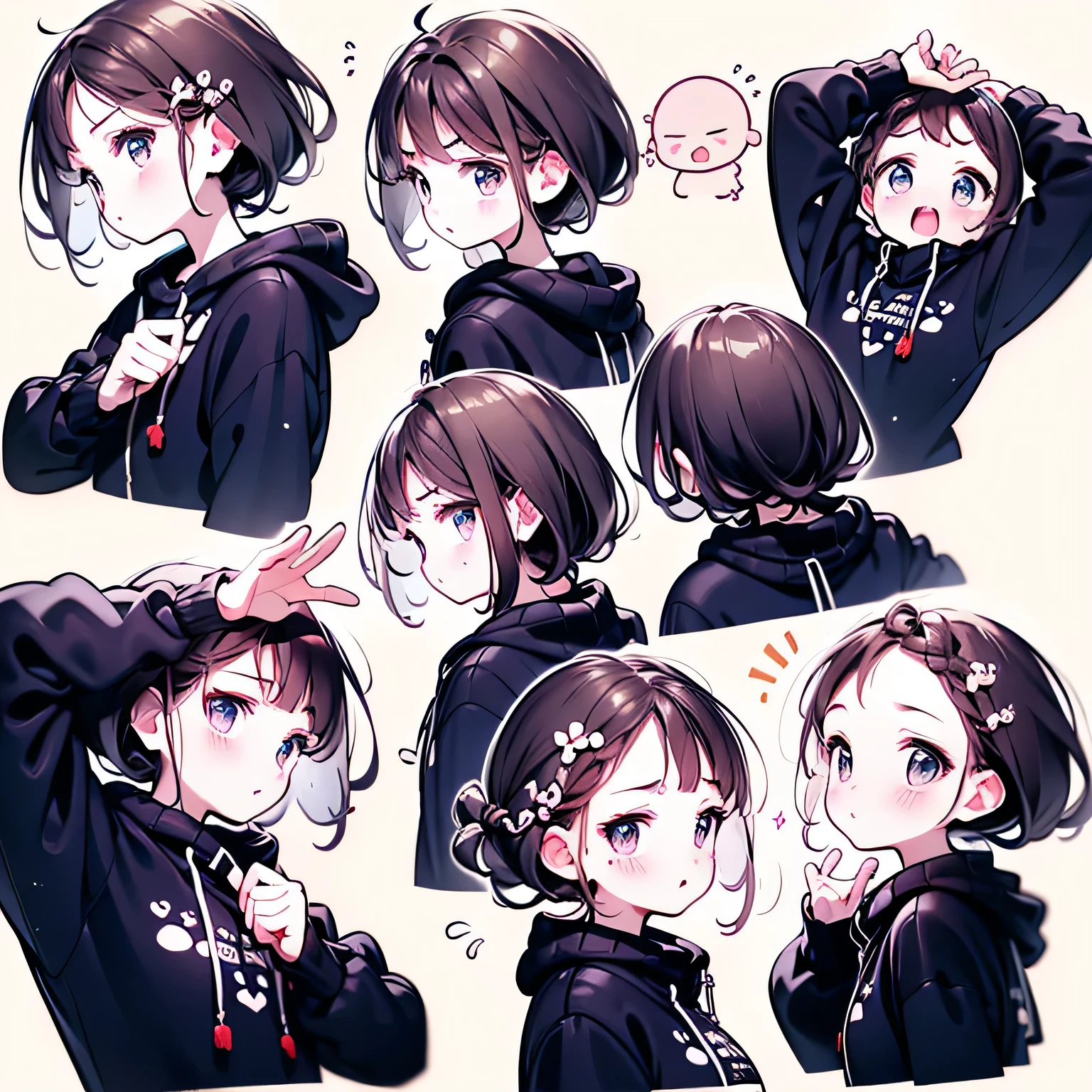 realism, (((better quality: 1.4))), ((super detailed: 1.4)), super detailed gouache portrait of a beautiful woman with red lips and black outfit, number, cartoon, actual, Emoji pack，(9 emoticons，Emoji table，constellation)，9 poses and expressions（anger，surprise，have a good time，wake，laughing out loud，Suspect，angered，touch your head，Lovely for sale, wait），Anthropomorphic style，disney style，black strokes，9 different emotions，9 poses and expressions，8K