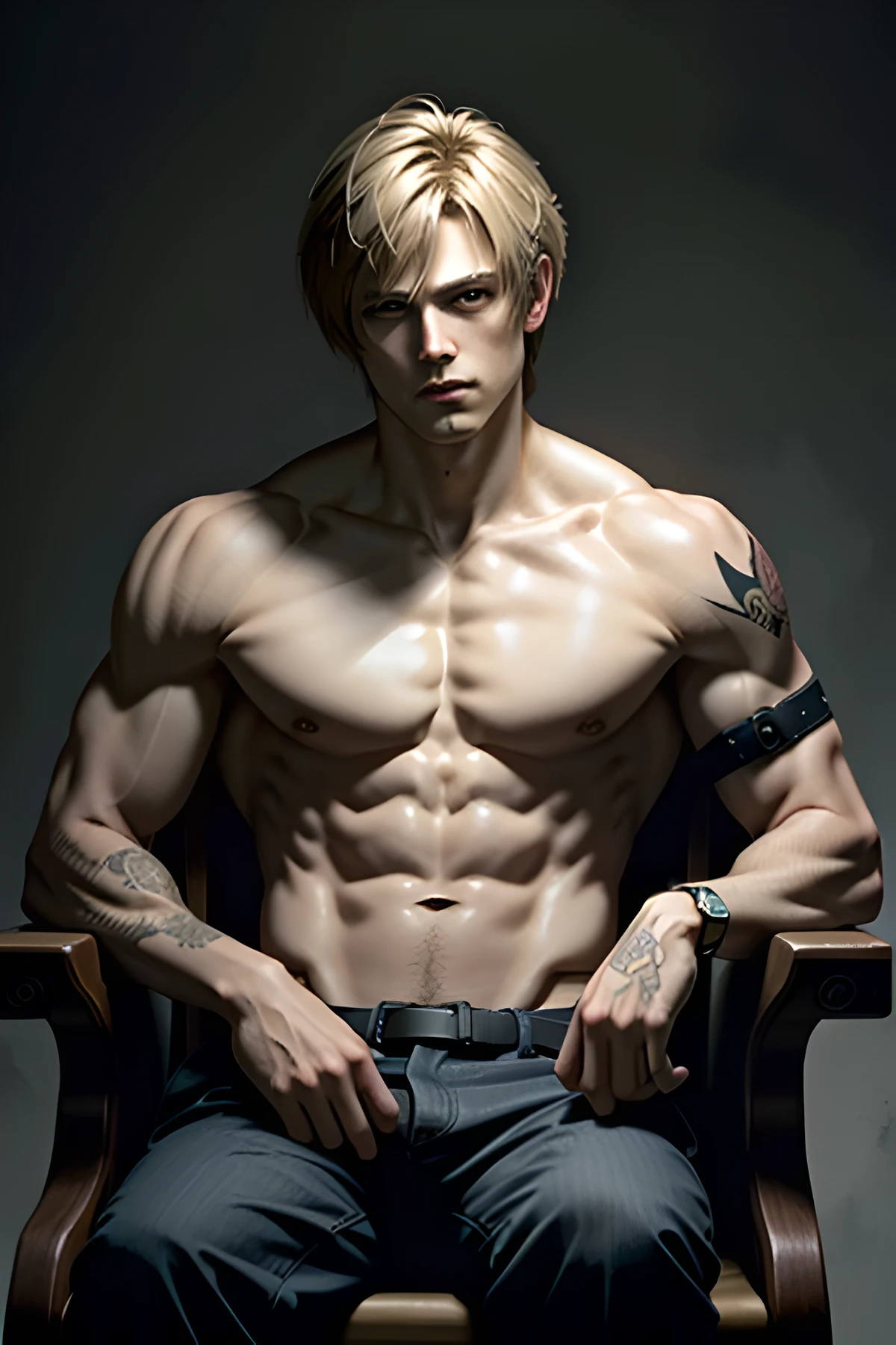 ((ultra detailed, masterpiece, best quality))
 RE4Leon, 1boy, solo, blonde hair, portrait, （absurbere，A high resolution，Hyper-detailing，hd），young boy，masterpiece，best quality，1 person，solo，Handsome，Golden eyes，Fine eyes and detailed face，topless，Tattooed with，arma，seated on a throne，Indifferent and arrogant，Abs，chest muscle，Raised sexy，Ruffian，Show your temperament，Male，masculine appeal，Male characteristics are distinct，Long messy hair，Arrogant，self-assured，Sitting majestically on the throne，Pondering, supreme，Lazy，Handsome，
