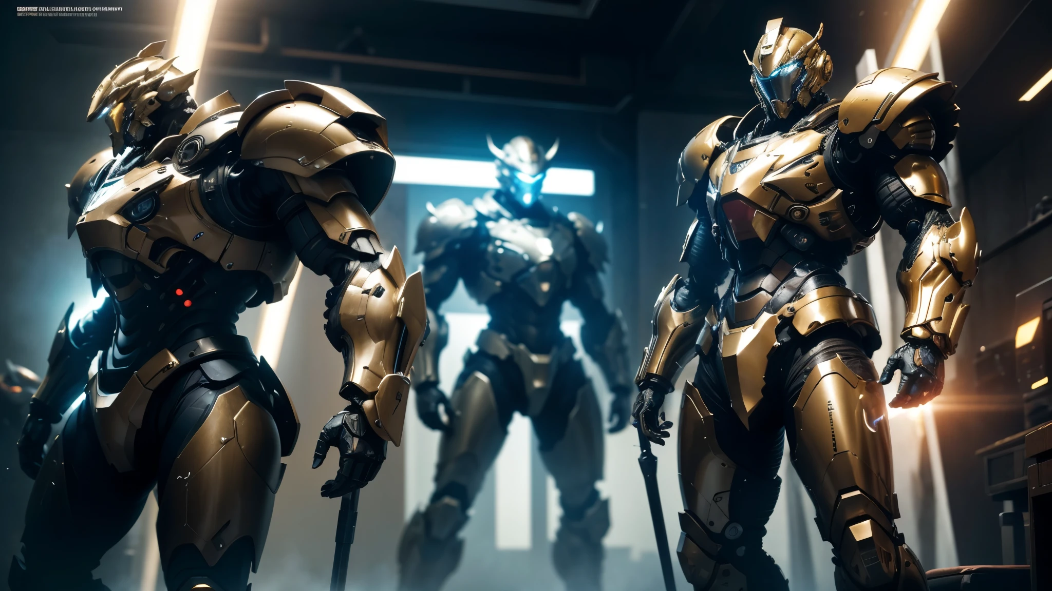 good quality, ultra high resolution,masterpiece, 8K,(reality,detail)A group wearing technological armor,Future Warrior,whole body effect(From head to toe),stand at base