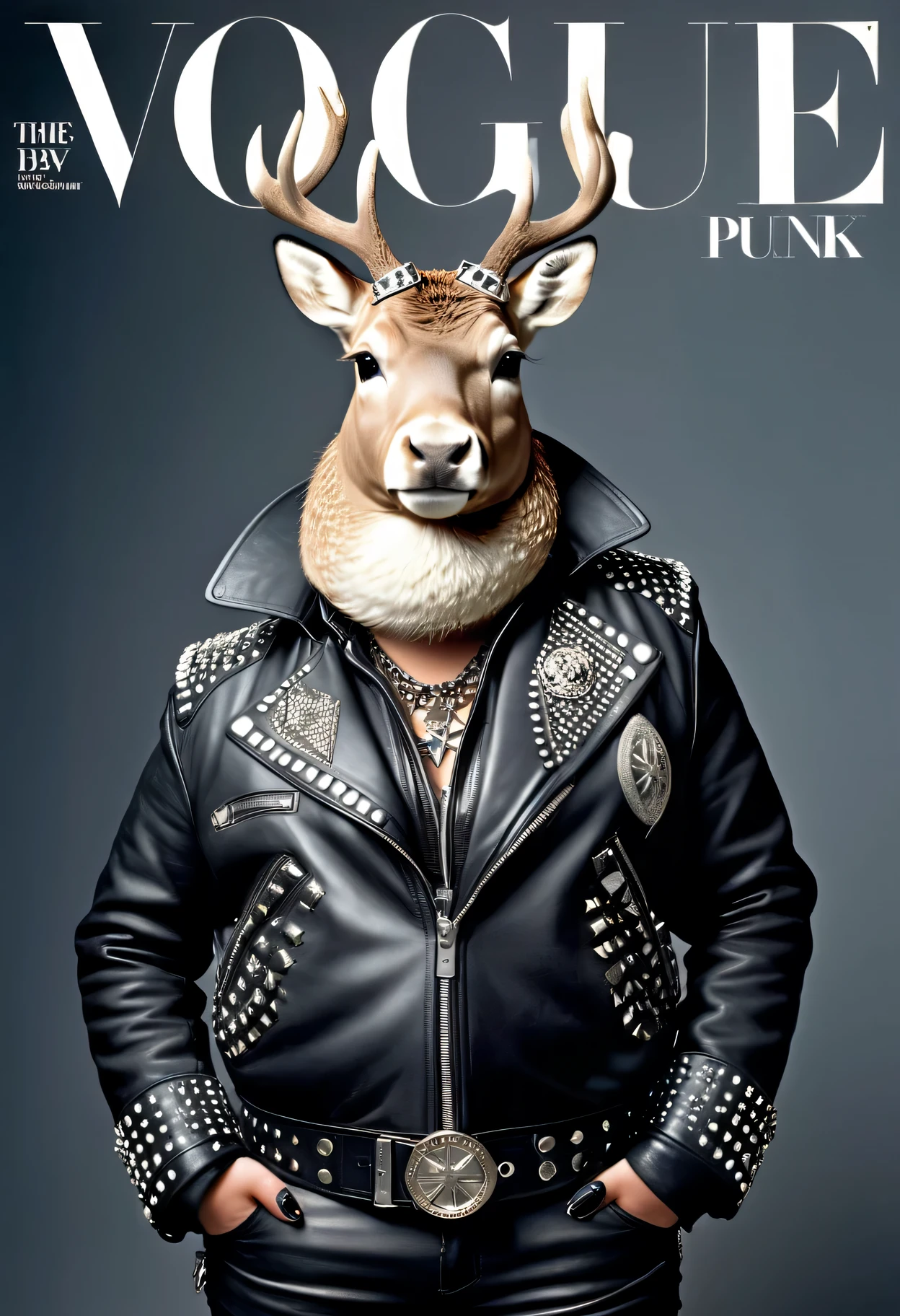 magazine cover portrait of Dressed animals - a ((fat) reindeer punk-rocker, (full body image:1.5), ((VOGUE Cover Magazine:1.15)), Wearing a tailored black leather jacket featuring intricate silver stud patterns reminiscent of sacred symbols, adorned in a modern punk-rock ensemble,, detailed and opulent description of modern punk-rock style, studio lighting, intricate ornate accessories, simple background