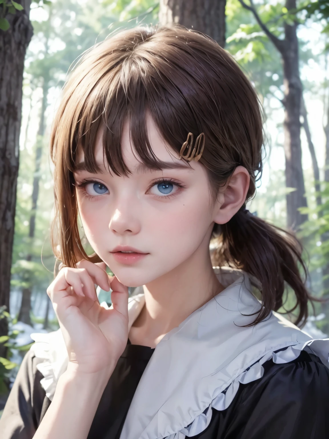 Portrait, high quality, Ukrainian fairy winter snow in the forest through the trees About 10 years old, blue eyes, smooth skin, ((Best quality, 8k, Masterpiece :1.3)), 1girl, Pretty girl , Casual outfit :1.2, in the forest, Ultra-detailed face, Detailed eyes, Double eyelid