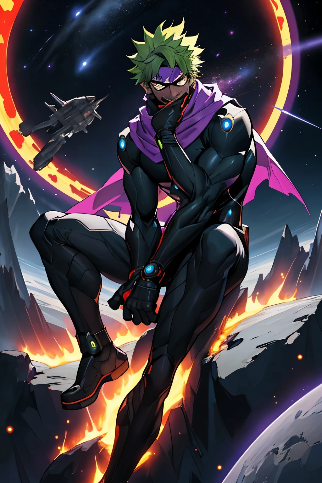 Generate an image of a superhero named Jest. Jest is a charismatic and agile hero who wears a sleek black bodysuit with purple accents. His costume includes a long, flowing purple scarf and a black mask with jagged purple edges covering the upper half of his face. He has wild, unkempt green hair that sticks out in all directions. Jest's most striking feature is his comedic character and perpetually wide grin, which is warm and inviting. He carries a utility belt filled with gadgets and gizmos, and his hightech robotic purple gloves enhances the power of his punches. Jest is known for his quick wit, humor, and playful demeanor, both as a superhero and a stand-up comedian, sitting on a research platform floating in the middle of an asteroid belt. surrounded by several asteroids glowing with fiery auras and a spaceship. Dramatic lighting from distant stars and planets illuminates the scene, casting deep shadows on the suit. He looks confident and determined, looking at the vast and mysterious universe with wonder and respect.