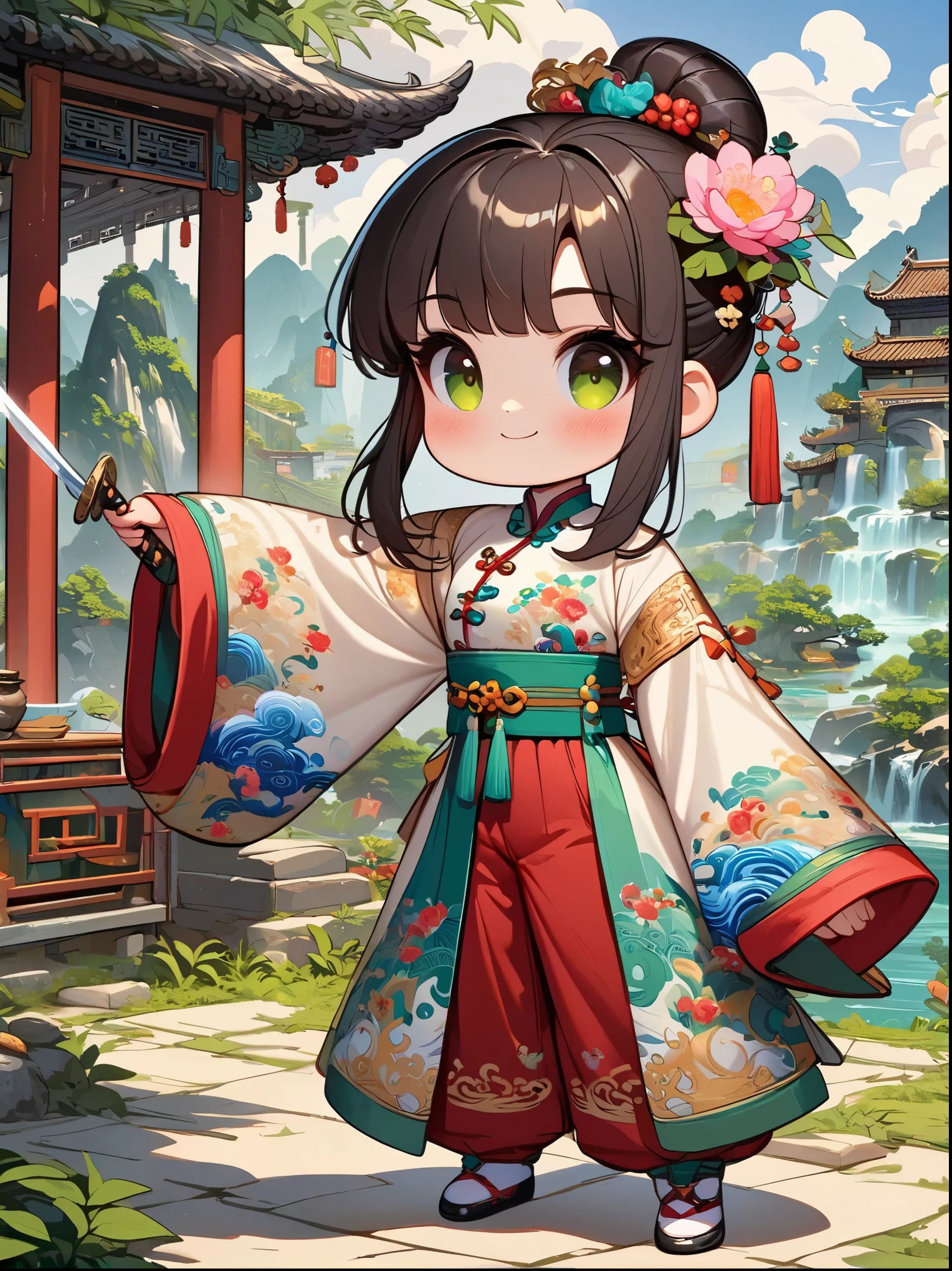 Lovely, cartoon style. A young 1girl stands in the Chinese landscape, Light and elegant posture, with a smile on face, (Holding a delicate dagger). The protagonist wears bright clothes, Uniquely designed traditional clothing, Show rich Chinese cultural elements. The surrounding scenery is vivid, A few elegant clouds,(One or two green bamboo trees), Add a fresh and natural atmosphere to the scene. Incorporating a sense of modernity, Lovely卡通元素, Make the scene traditional yet fun,(ultra high definition, anatomically correct, masterpiece, precise, best quality, 8K)