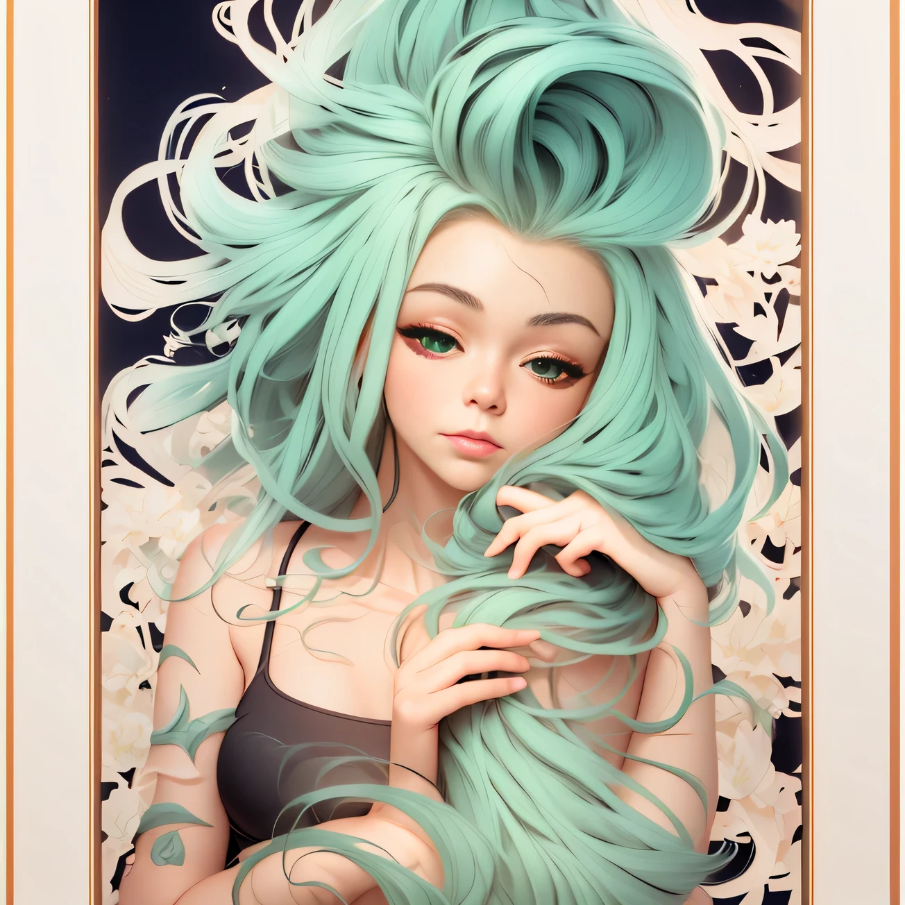 anime girl with green hair and green bra top in a floral frame, green flowing hair, loish art style, inspired by loish, in the art style of bowater, digital anime illustration, loish and wlop, trending on artstration, beautiful anime art style, anime art style, anime styled digital art, anime girl with cosmic hair, anime style illustration