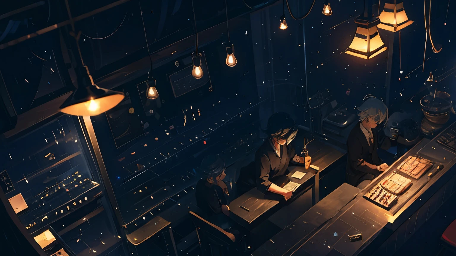 bar with jazz music、indirect lighting、counter、underground、night、Playing live