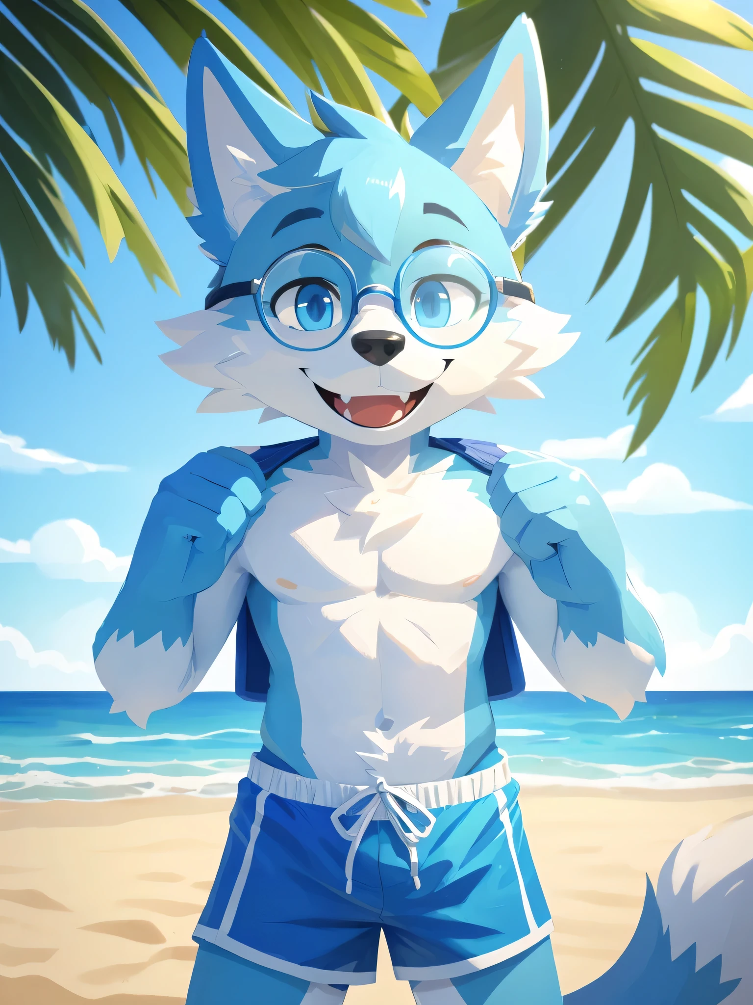 ((best quality)), ((masterpiece)), (detailed), perfect face 1 adult male light blue anthro Wolf with light blue fur wearing swim trunks and rectangle clear lens eyeglasses relaxing at the beach all by himself with a cute and shy smile