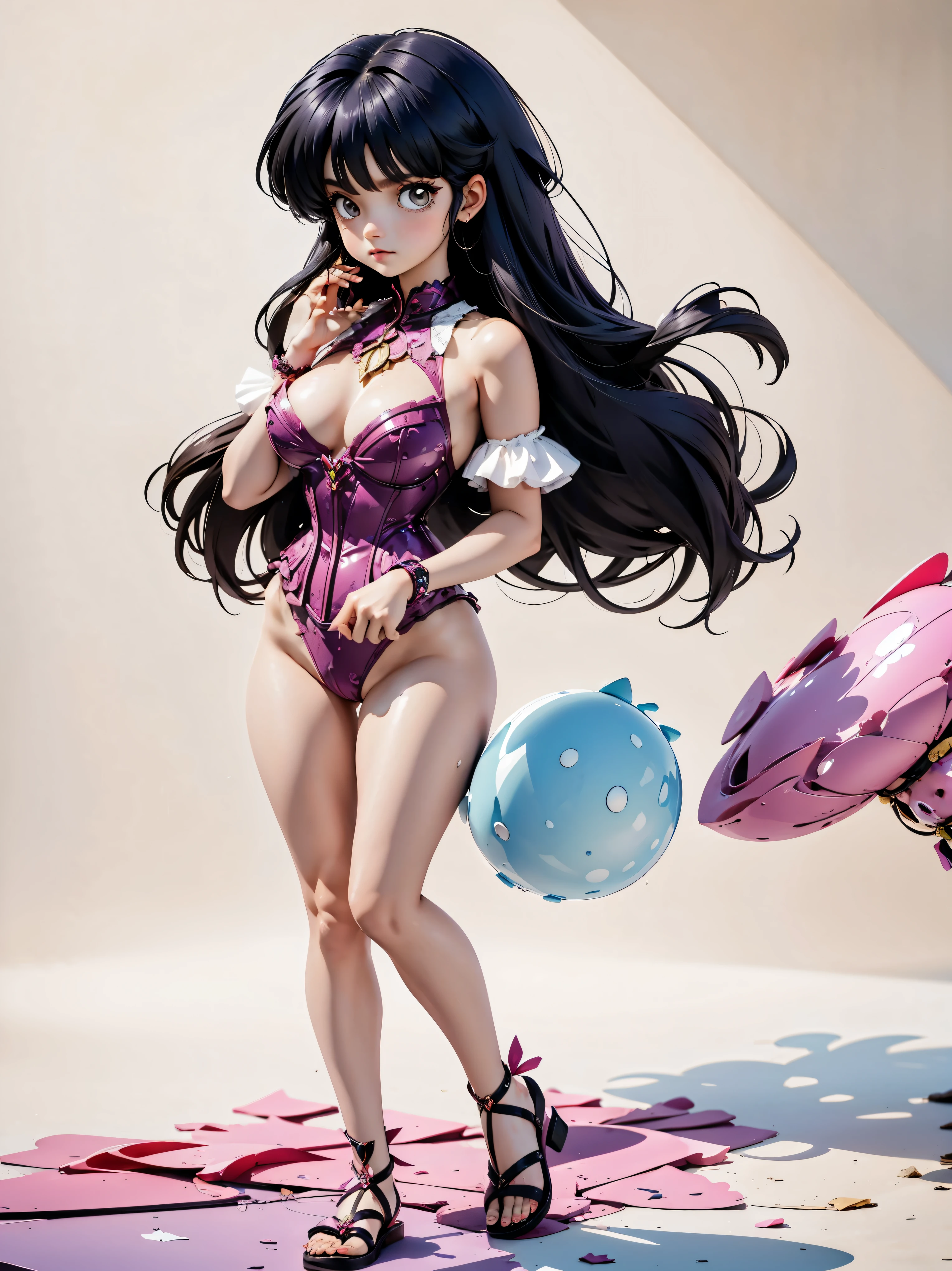 Dark-haired anime girl in pink and black swimsuit and corset, 16 anos, corpo bonito, seios grandes, com as hands on chest, hands on chest, Garota sensual, purple cabelo, mechas de cabelo laterais, mechas de cabelo na lateral do rosto, beautiful lighting, sombras suaves, olhos azuis, pernas bonitas, cabelo curto, estilo anime, personagem Akane Tendo, Autora Rumiko Takahashi, Baseado em obra de Rumiko Takahashi, Anime Ranma 1/ 2, decote sensual, quadril robusto, corpo inteiro, corpo inteiro, busto grande, garota jovem com corpo belo e bonito, sandals on his feet, garota 16 anos jovem, usando maiô e corset pink, garota anime, estilo anime, beautiful feet in sandals, 45° viewing angle, ao ar livre, peito grande, seios bonitos, cabelo preto, sandals on the feet, pernas bonitas, sensual, belas pernas, Sandalias, seios grandes, corpo completo, corpo inteiro, feet with sandals, anime realista, saia, sarja roxa, personagem realista sensual, anime realista, postura reta