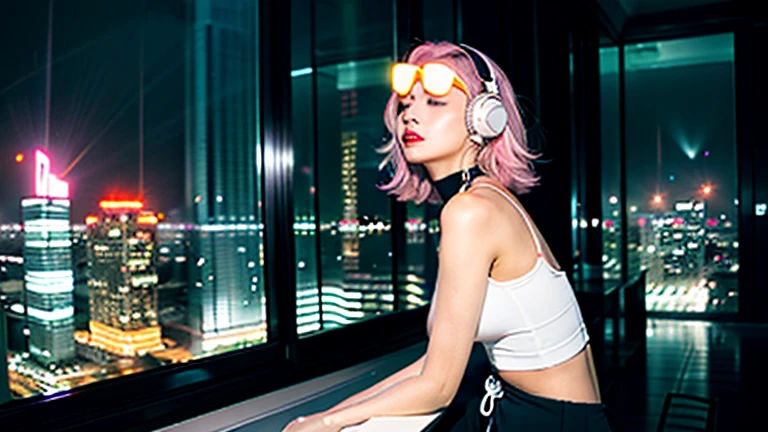 In a room within a high-rise building, the panoramic view of the bustling city's night skyline spreads out from the floor-to-ceiling window. The room is filled with dazzling lighting, including numerous LED joint lights mounted on the window frame in white and gold hues.
Seated on an inorganic silver bench connected to the window is a woman around 20 years old with medium-length pink hair. She has long limbs and a cute expression, with her gaze slightly downcast towards the wall. She is wearing a smartly designed black short-sleeved top from a high-end brand, paired with blue sweatpants. On her head, she wears white-pink headphones with glowing LED lighting, and she has a black choker around her neck.
This scene symbolizes the lifestyle of the future city, blending technology and elegance, inviting the imagination to envision a stylish lifestyle fused with technology and elegance.