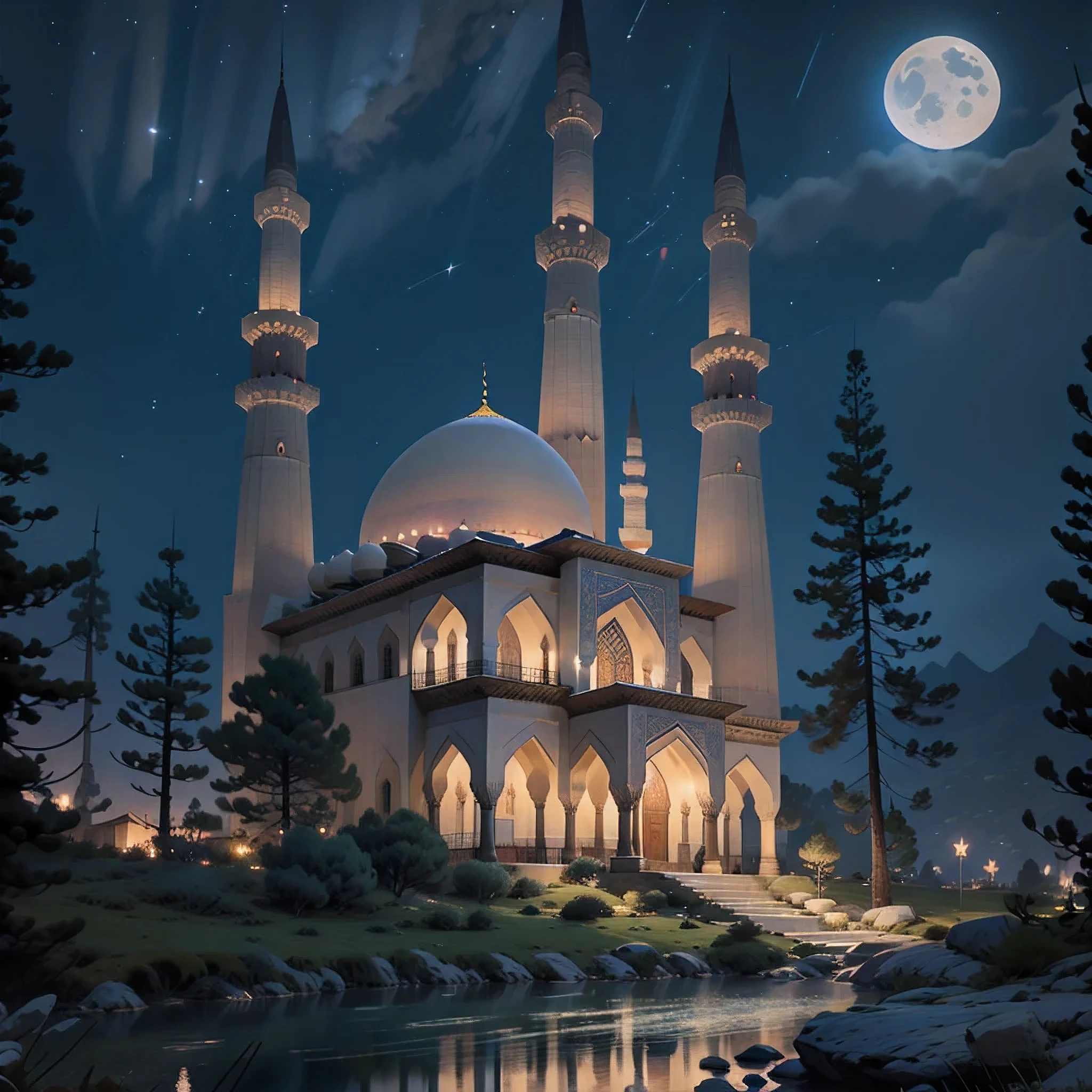 view of the mosque under the mountains at night, the sky full of stars and moon, the lake behind the mosque, and lush pine trees, beautiful night, high resolution, super detail object