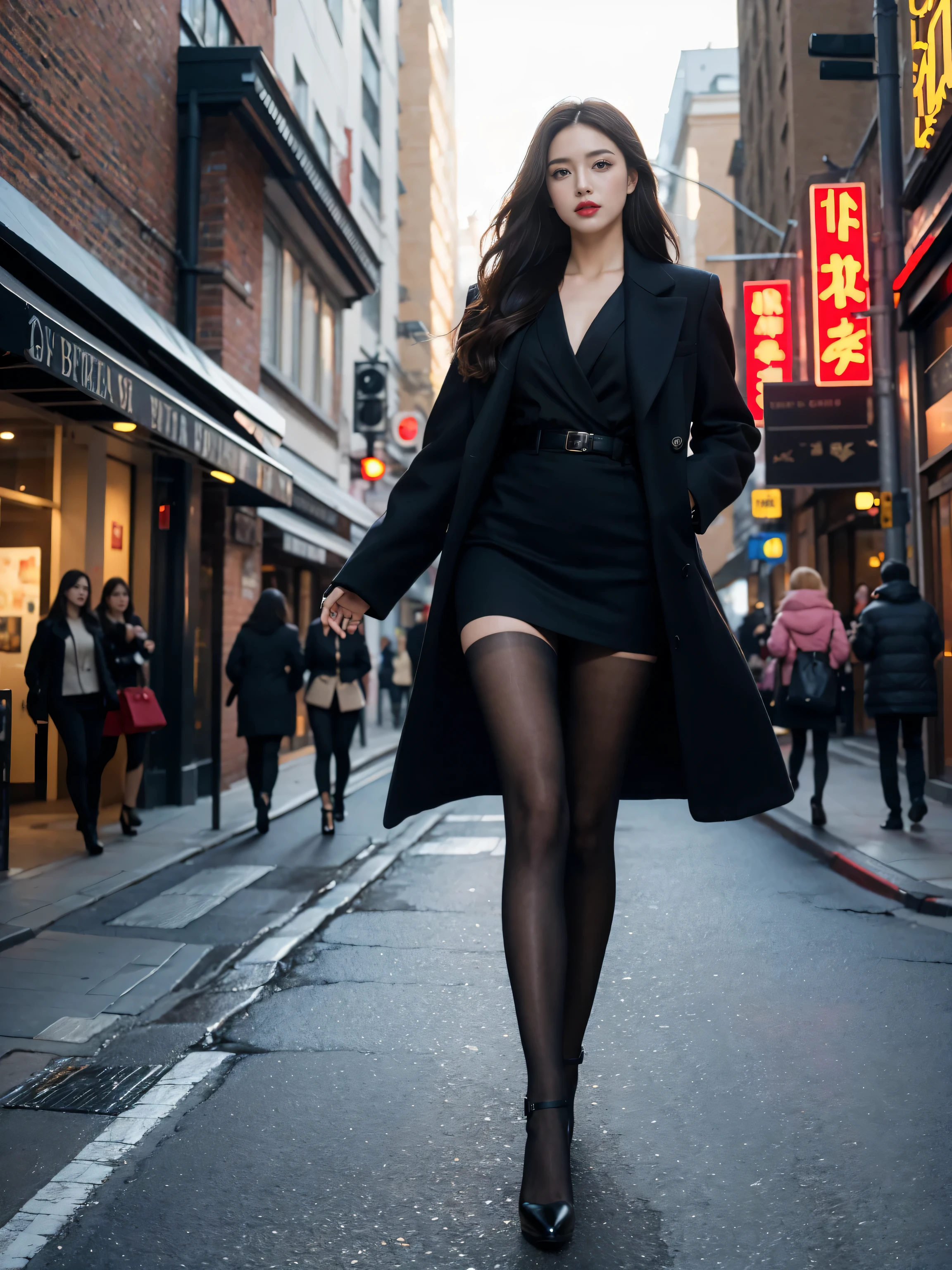 best quality,masterpiece,ultra high resolution,(actual:1.4),original photo,ultra high definition,lifelike,Surrealist 8K,1 girl,tall,long legs,Exquisite makeup,red lip big wave,Royal Sister Fan,tight bottoming skirt,Wearing a long black coat,Black pantyhose,High heel,Outdoors during the day,walking street,street photography,Super cool
