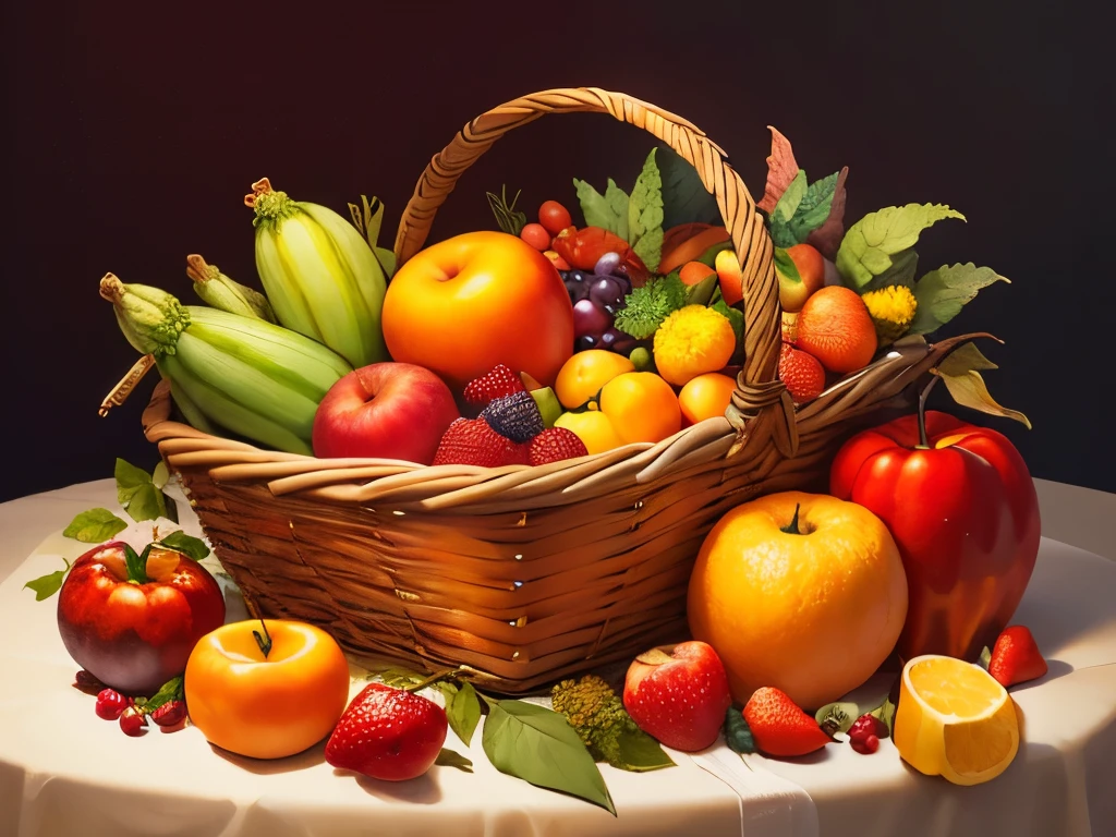 painting of a basket of fruit and vegetables on a table, cornucopia, harvest, harvest fall vibrancy, harvest fall vibrance, by Randy Gallegos, 3 2 x 3 2, renaissance still life painting, the goddess of autumn harvest, still life painting, fruit basket, fruits in a basket, grand, victorian thanksgiving feast, a fruit basket, fuller