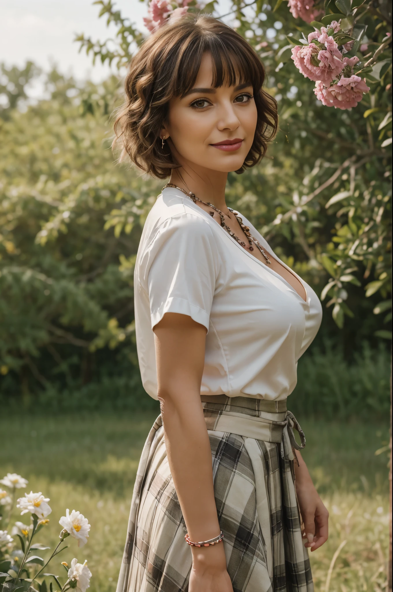 sfw, 8K raw photo, Best quality, masterpiece, ultra high res, film grain, film grain, 76 years old woman, sage elder woman, looking at viewer, natural skin texture, realistic eye and face details, full lips, lipstick, (makeup), red eyeshadow, fluffy short hair, messy hair, smile, close mouth, beautiful legs, tall female, skinny, slim_legs, solo, enormous breast, cleavage, Pose with buttocks facing you, very long skirt, shirt, beautiful nature location, around flower location, (detailed background), plaid skirt, white shirt, mini breast, cleavage, Show a little cleavage through the shirt, loafers, blurry background, blurry, holding, plaid, short sleeves, jk ribbon on the neck, jk ribbon, brown-white hair, bracelet, water, bangs, necklace, jewelry, parted lips, lips, from side, pleated long skirt, depth of field, (76 years old woman, sage elder woman)
