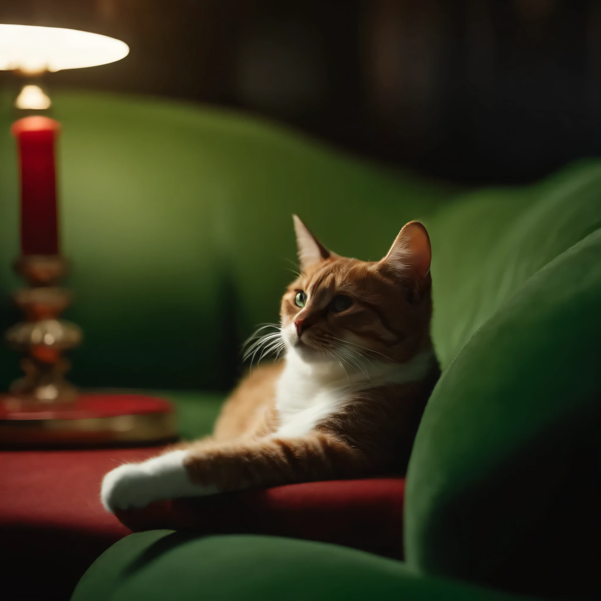 Red thick shorthair, no stripes on fur, the cat lies on a green sofa, photorealism, ultra realism