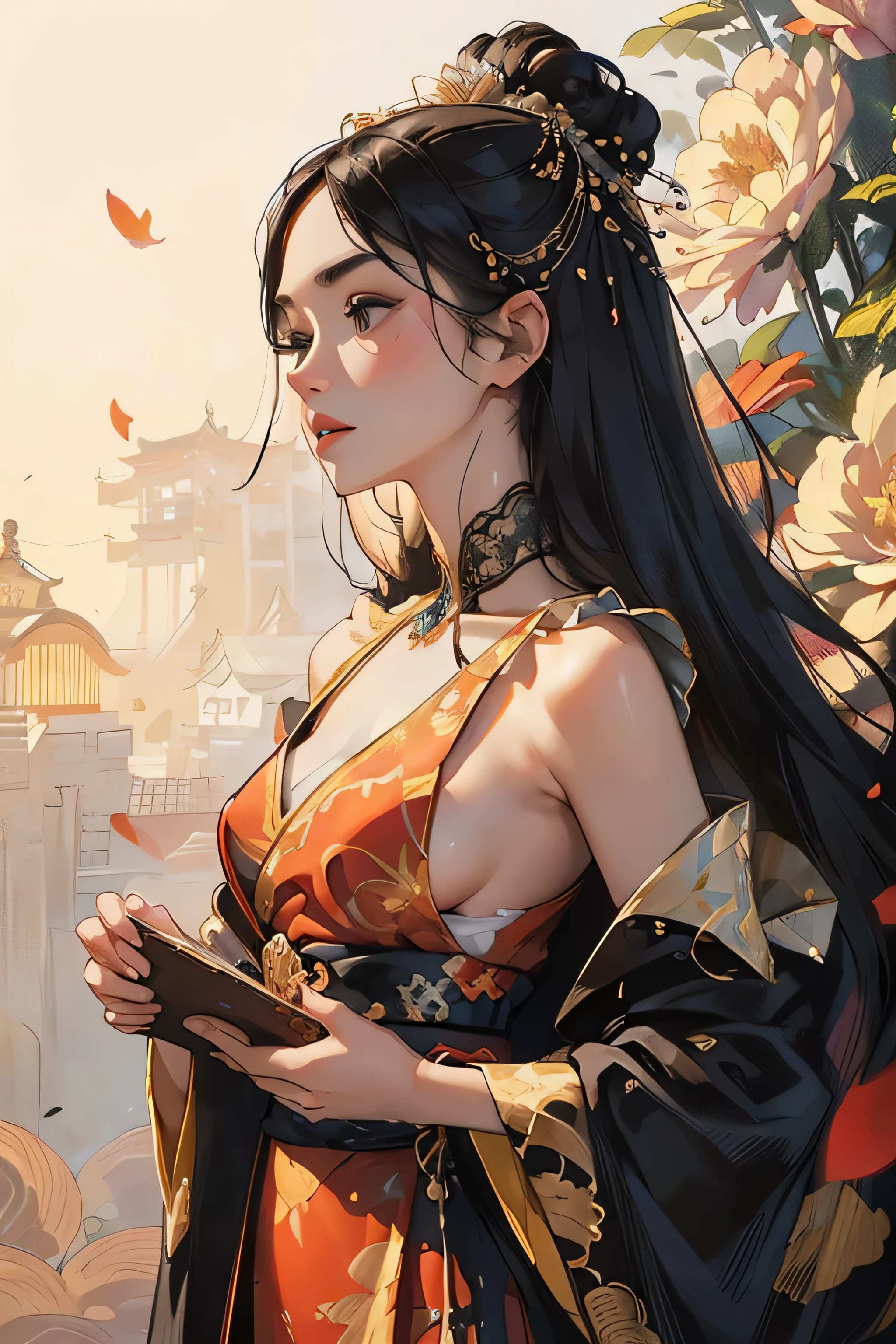 ((8k wallpaper of extremely detailed CG unit, masterpiece, hight resolution, top-quality, top-qualityのリアルテクスチャスキン)), (a very beautiful woman, Plump lips, The upper part of the body, Japanese pattern blouson:1.2, Japanese pattern micro mini shorts:1.2), (A dark-haired, hair messy, de pele branca, small tit), ((Colorful background with geometric patterns, Japanese pattern background, warm color)), (hyper realisitic, digitial painting),nsfw,slender body shape, (Hyper-realistic) , (illustration), (Increase the resolution), (8K), (RAW photos,best qualtiy),(realisticlying,photograph realistic:1.3),best qualtiy,highly detailed,tmasterpiece,Hyper-detailing,( the wallpaper), (Detailed face), solo,1girll,The is very detailed,dynamic angle,cow boy shot,The most beautiful form of chaos,elegant,Fauvist design,vivd colour,Goddess of romanticism,Model figure,ancient costume,best qualtiy,Extremely detailed jewelry,Peony petals,scenecy,rios|Wagas,nsfw, chinese dress, slender , black dress,dynasty, white top, black bottom