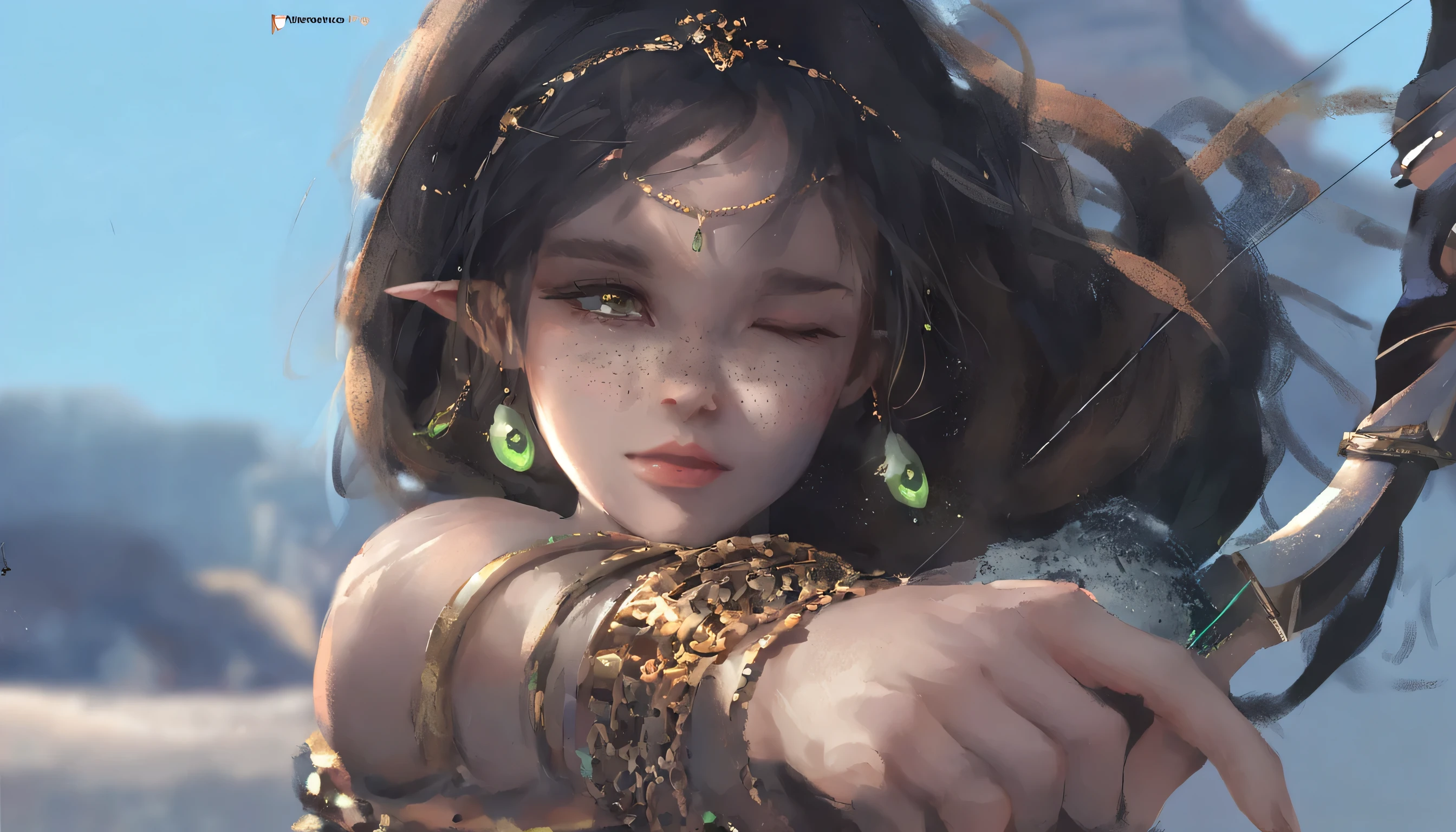 1 girl,长of_hair,watching_exist_audience,one_Eye_closure,独自of,Keep,绿色of_Eyes,Keep_arms,arms,only_Shoulder,outdoor,黑色of_hair,sky,蓝色of_sky空,sky空,closure_Mouth,Poker face,shadow,Mouth唇,Light_particle,earrings,jewelry,蓝色of_background,close up,Foreshortening,模糊of,depth_of_site,aim,gem,Eyelashes,armband,bow_(arms),凌乱of_hair,arrow_(projectile),freckle,logo,painting_bow,Keep_bow_(arms),绿色of_gemstone,nose,hand,magexistama,magexistama_earrings,head_chain, ,Princess_風成of,duplicexiste,Photoshop_(中等of),high resolution,荒謬of,Pixel perfect_duplicexiste,有薪酬of_remuneration,pexistreon_remuneration,ghostblade