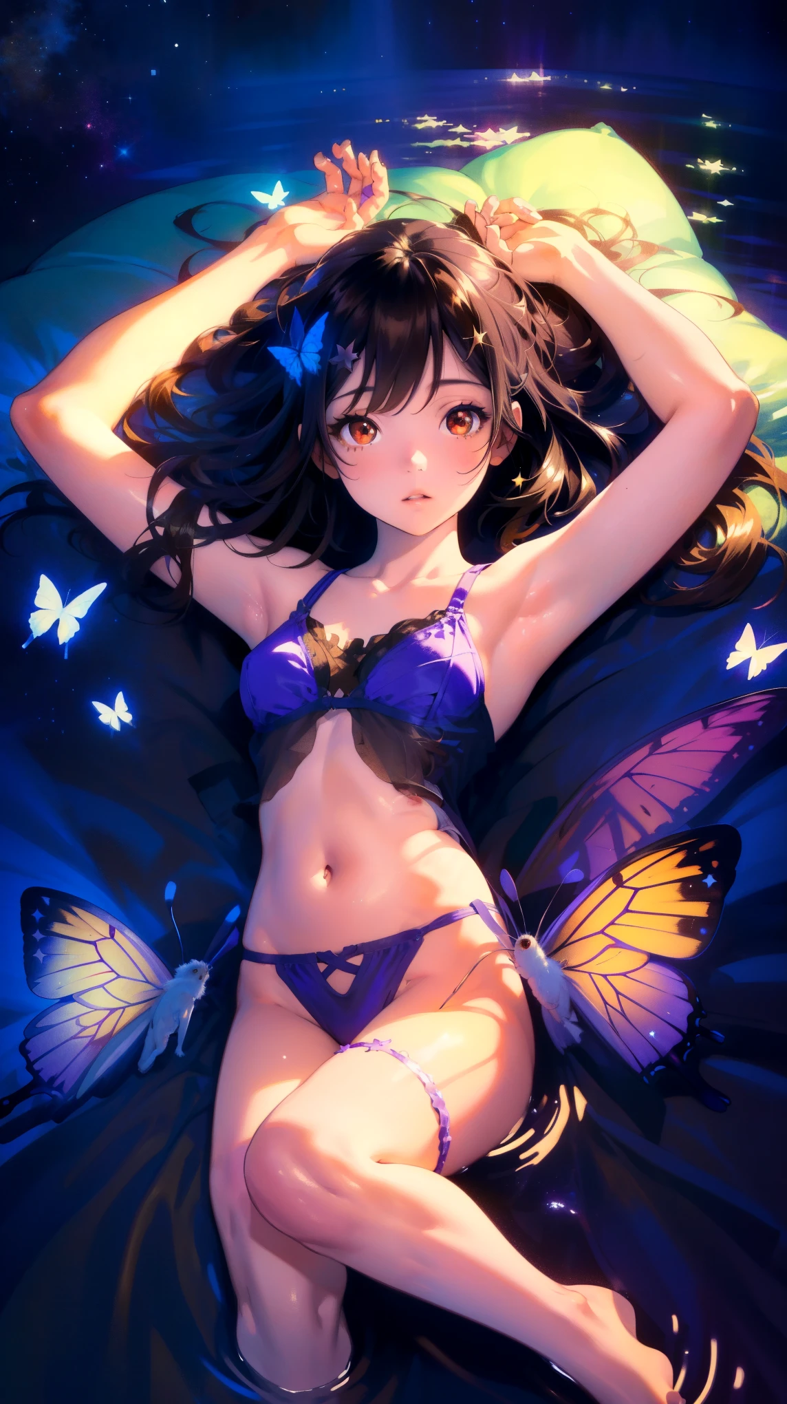 high-key and low-variance brightness scale,soft light,realistic light and shadow, light and dark interlaced,(wide short:1.3),(female focus),looking at viewer,full body,(solo:1.6),
(realistic),(masterpiece),(best quality),(highres),(by famous artist),(((official art))),(by Paul Hedley),(illustration)
1girl,1girl (Miyu Edelfelt),,toddler,petite,cute face,infant,
(small breasts),(whole body),(slim legs),detailed beautiful fingers,((detailed beautiful thighs)),(articulated fingers),collarbone,navel,midriff,bare foot
(purple babydoll:1.21)
starry sky,clusters of stars,
((sleeping)),
((lying on water)),((arms up,armpits)),leg up
pillow,(multiple butterflies)
(brown eyes:1.3),(sparkling eyes),(gradient eyes),(luminous eyes),
(black hair),reflective hair