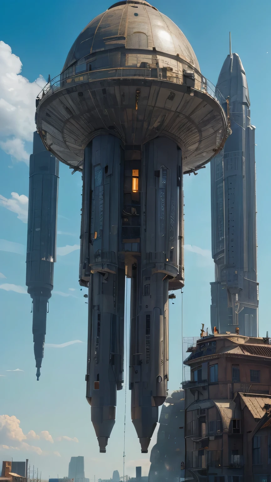 ((masterpiece)),((highest quality)),((high detail)),((realistic,)) Hovering massive spaceship on a sci-fi port city, docking yard, steampunk_architecture, green_null, nebula_null, cloudy_null, Mountain, beautiful scenery, nullscrapers