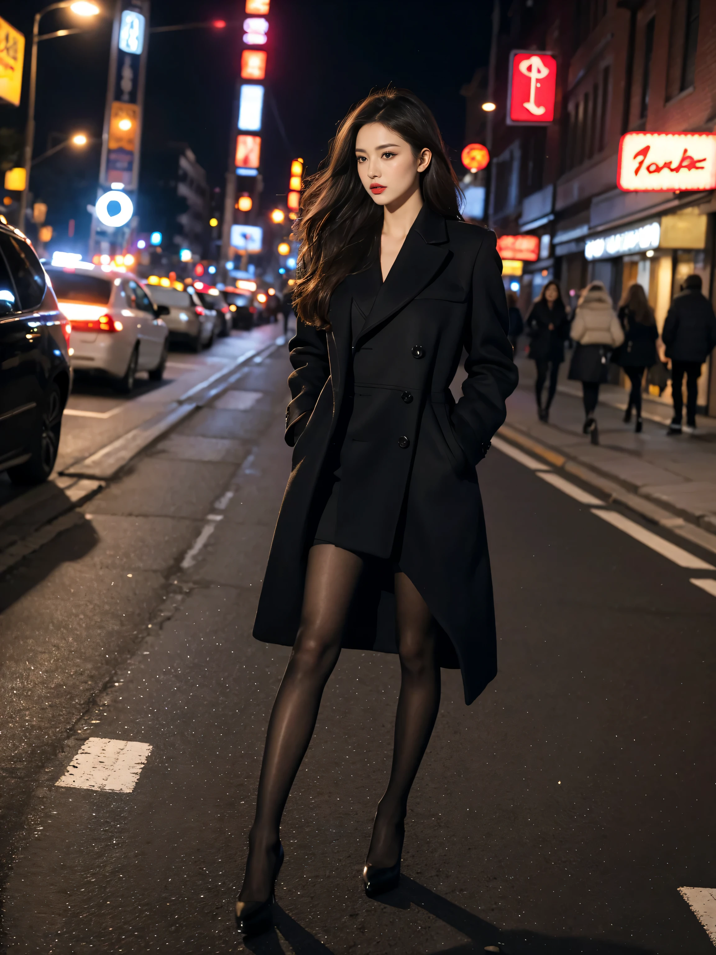best quality,masterpiece,ultra high resolution,(actual:1.4),original photo,ultra high definition，lifelike，Surrealist 8K，1 girl，tall，long legs，Exquisite makeup，red lip big wave，Royal Sister Fan，tight bottoming skirt，Wearing a long black coat，Black pantyhose，High heel，Outdoors during the day，walking street，street photography，Super cool