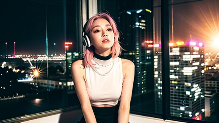 In a room within a high-rise building, the panoramic view of the bustling city's night skyline spreads out from the floor-to-ceiling window. The room is filled with dazzling lighting, including numerous LED joint lights mounted on the window frame in white and gold hues.

Seated on an inorganic silver bench connected to the window is a woman around 20 years old with medium-length pink hair. She has long limbs and a cute expression, with her gaze slightly downcast towards the wall. She is wearing a smartly designed black short-sleeved top from a high-end brand, paired with blue sweatpants. On her head, she wears white-pink headphones with glowing LED lighting, and she has a black choker around her neck.

This scene symbolizes the lifestyle of the future city, blending technology and elegance, inviting the imagination to envision a stylish lifestyle fused with technology and elegance.