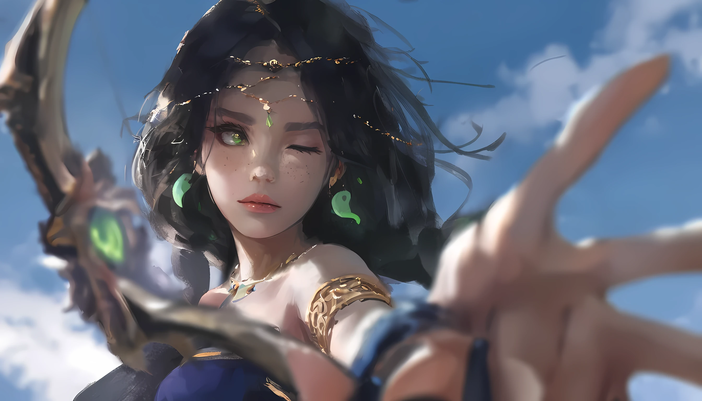 1 girl,长of_hair,watching_exist_audience,one_Eye_closure,独自of,Keep,绿色of_Eyes,Keep_arms,arms,only_Shoulder,outdoor,黑色of_hair,sky,蓝色of_sky空,sky空,closure_Mouth,Poker face,shadow,Mouth唇,Light_particle,earrings,jewelry,蓝色of_background,close up,Foreshortening,模糊of,depth_of_site,aim,gem,Eyelashes,armband,bow_(arms),凌乱of_hair,arrow_(projectile),freckle,logo,painting_bow,Keep_bow_(arms),绿色of_gemstone,nose,hand,magexistama,magexistama_earrings,head_chain, ,Princess_風成of,duplicexiste,Photoshop_(中等of),high resolution,荒謬of,Pixel perfect_duplicexiste,有薪酬of_remuneration,pexistreon_remuneration,ghostblade